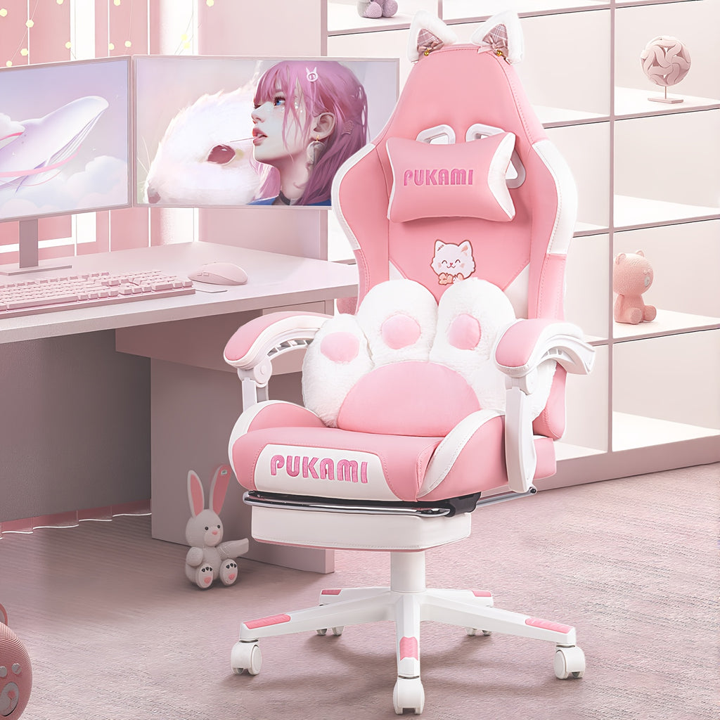 Pink Kawaii Cat Ear Gaming Chair with Paw Cushion