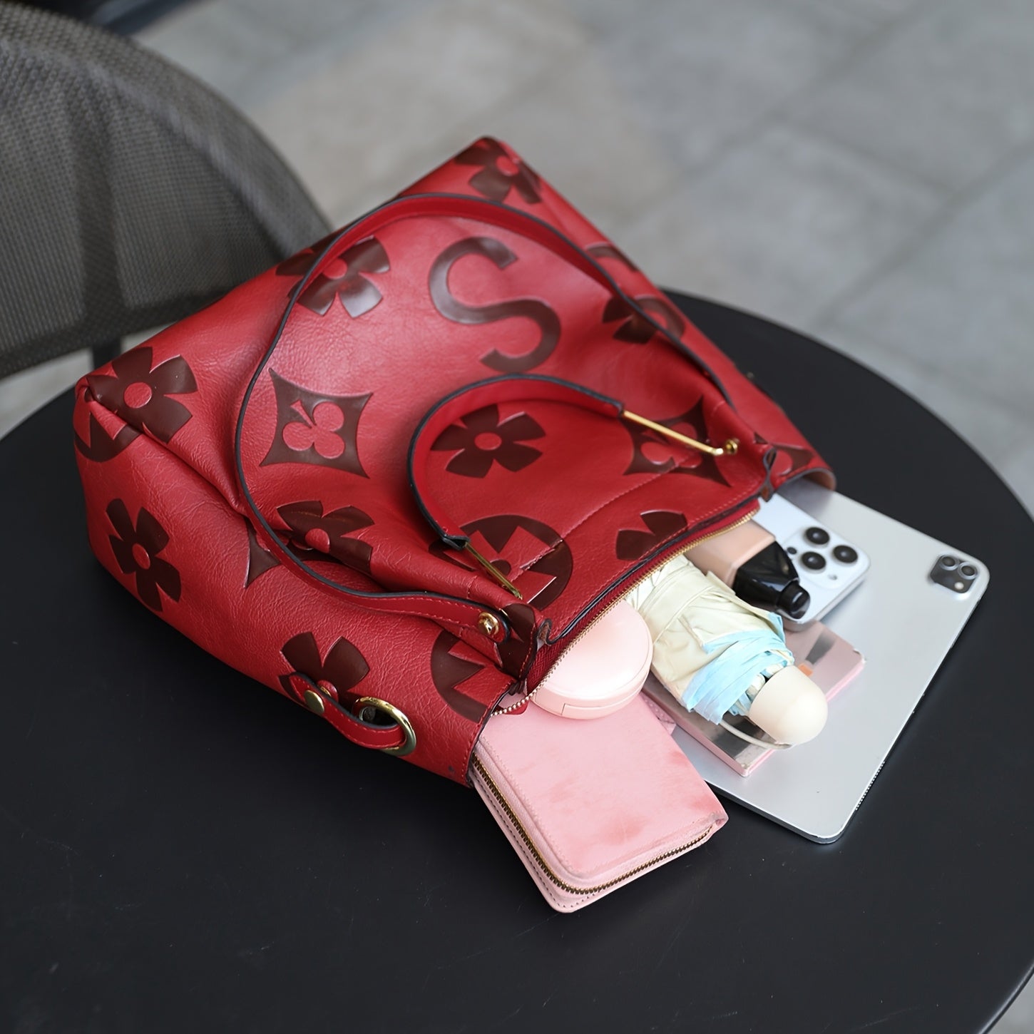 Floral Embossed Synthetic Leather Satchel Handbag