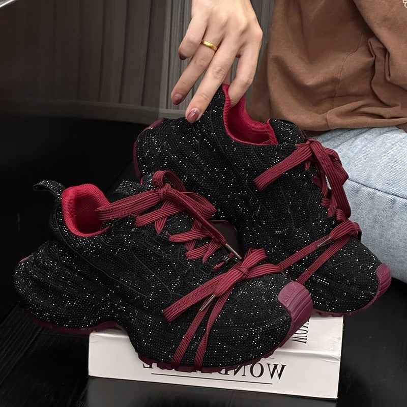 Rhinestone-Adorned Thick-Soled Dad Sneakers