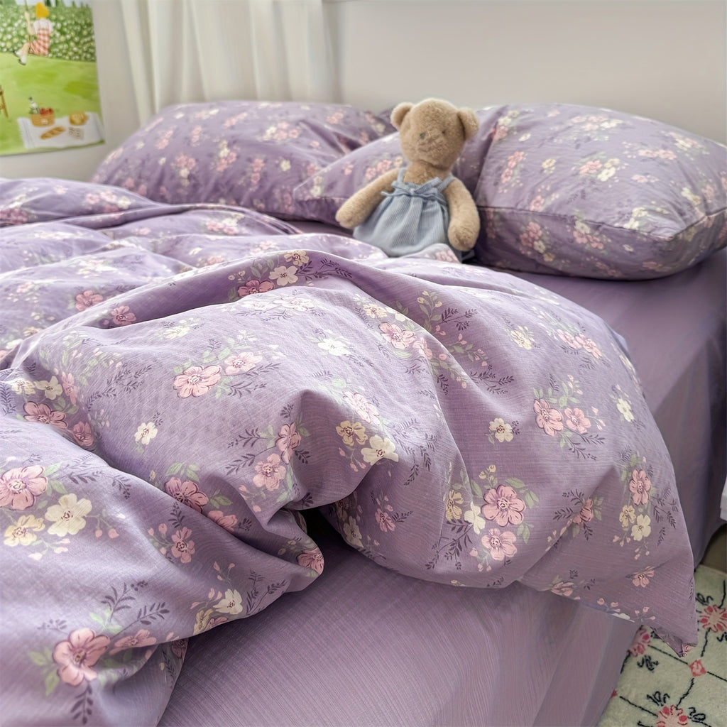 Hibiscus Pattern Fresh Style 4pcs Bedding Set (1 Duvet Cover + 1 Fitted Sheet + 2 Pillowcases)