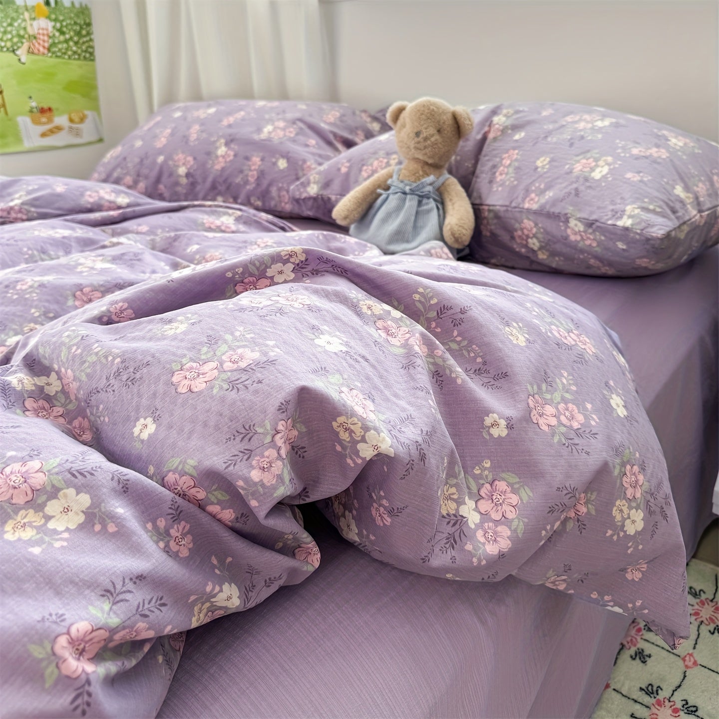 Hibiscus Pattern Fresh Style 4pcs Bedding Set (1 Duvet Cover + 1 Fitted Sheet + 2 Pillowcases)