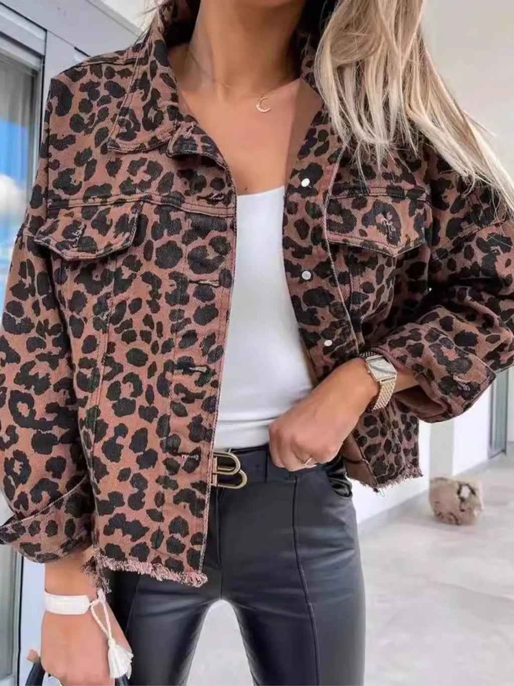 Leopard Print Raw Hem Denim Jacket