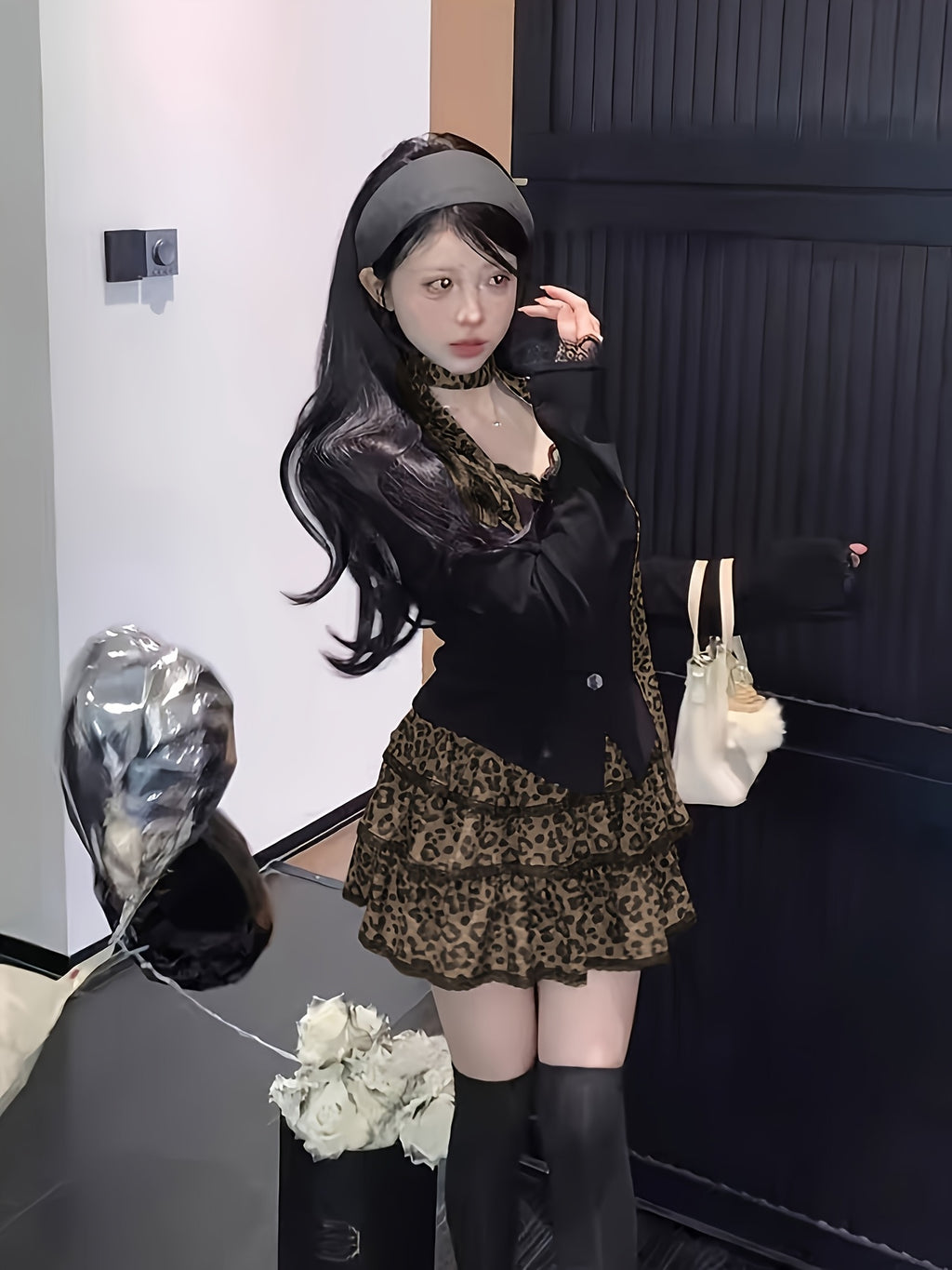 Leopard Print - Two-Piece Set: Crop Top + High-Waisted Flared Skirt - Sexy Mini Dress with Faux Two-Tone Design