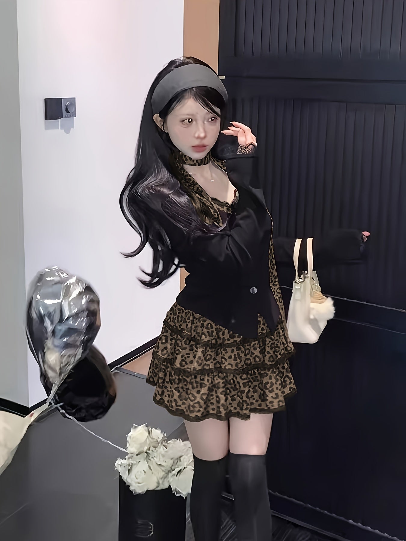 Leopard Print - Two-Piece Set: Crop Top + High-Waisted Flared Skirt - Sexy Mini Dress with Faux Two-Tone Design