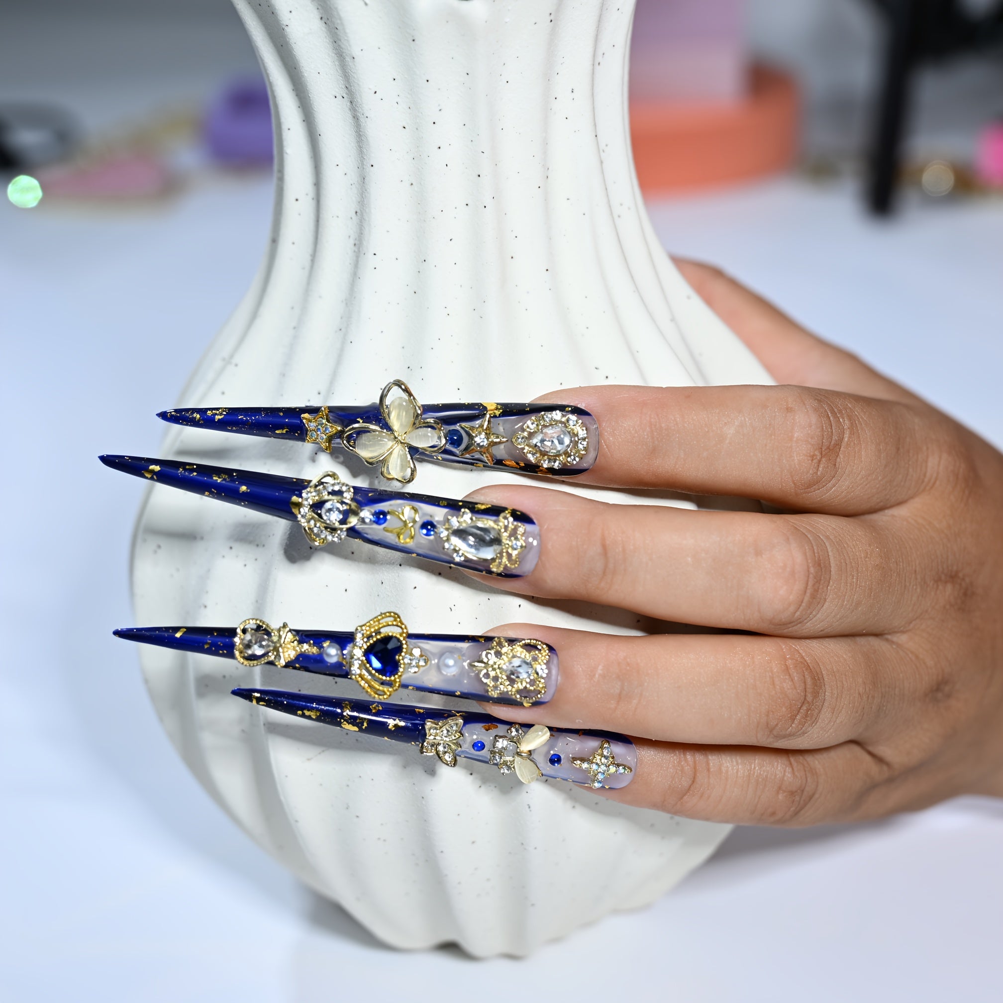 Handmade Luxury Limited XL Stiletto Press-On Nails - 3D Golden Crown & Butterfly Charms