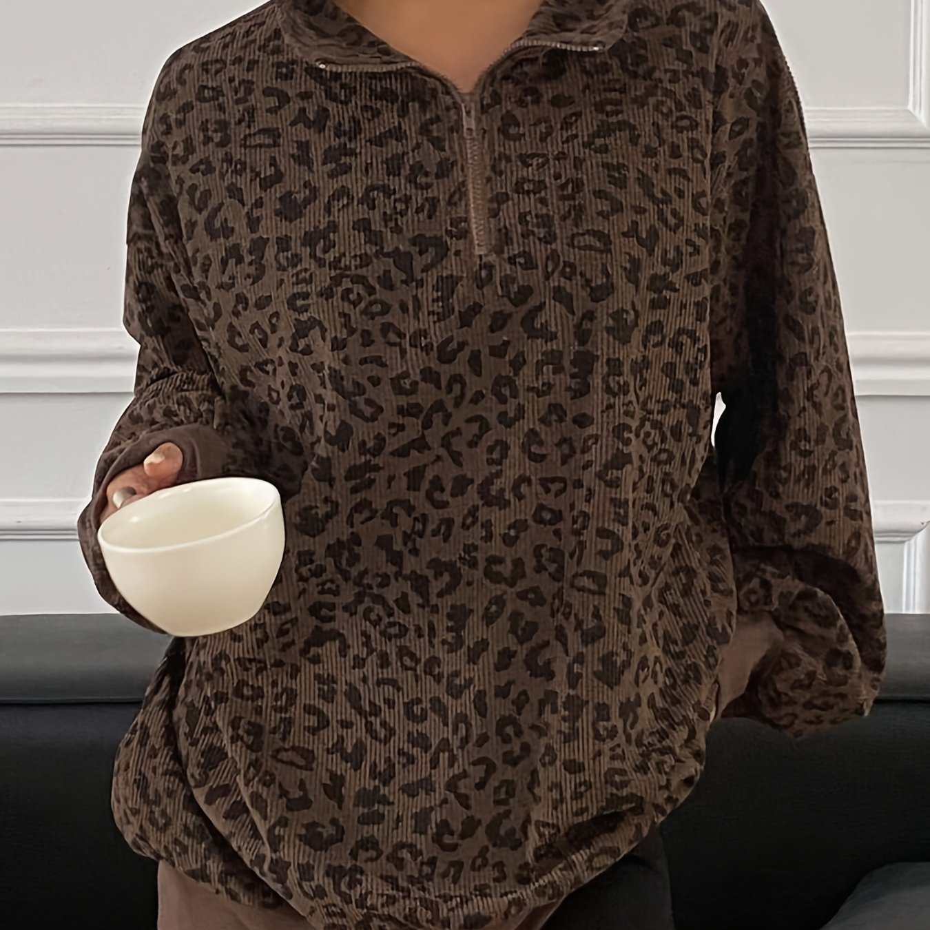 Leopard Print Half-Zip Sweatshirt