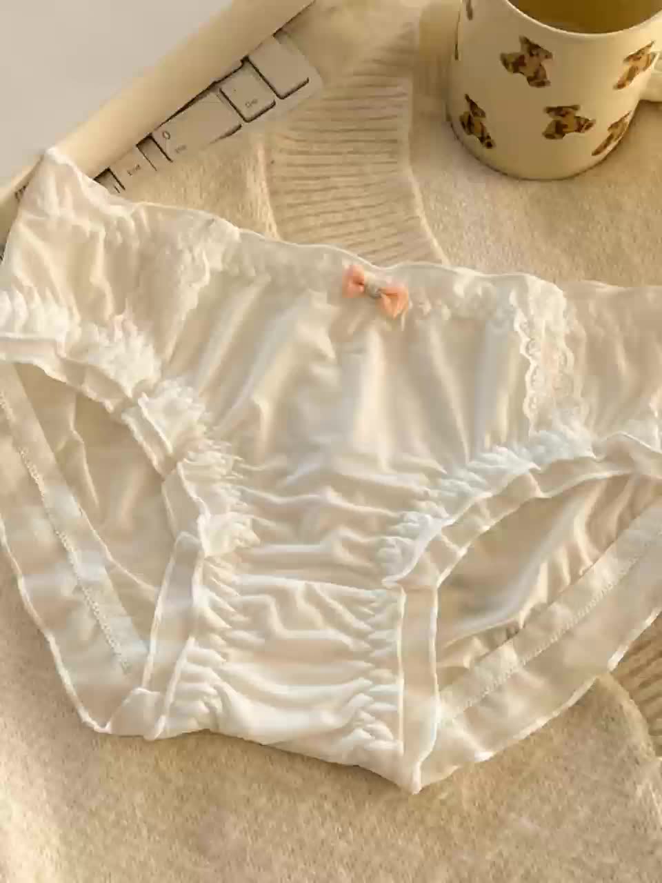{6pcs} Lace Seamless Breathable, Comfortable, Soft, Light Beige Friendly, Sweet Bow Design Machine Washable Mid Waist Underwear