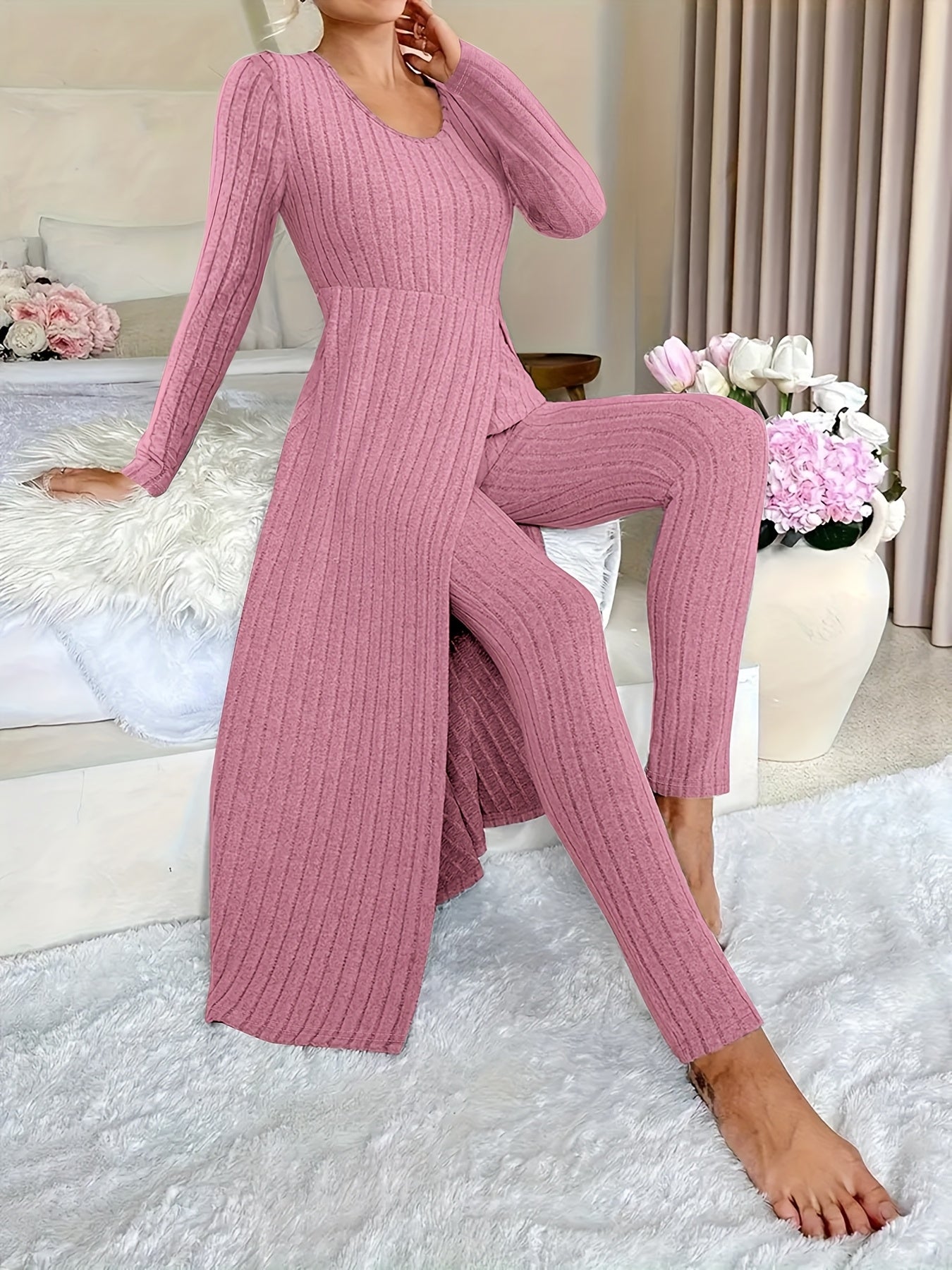 Two-piece Set of Ribbed Long-sleeved Top and Pants