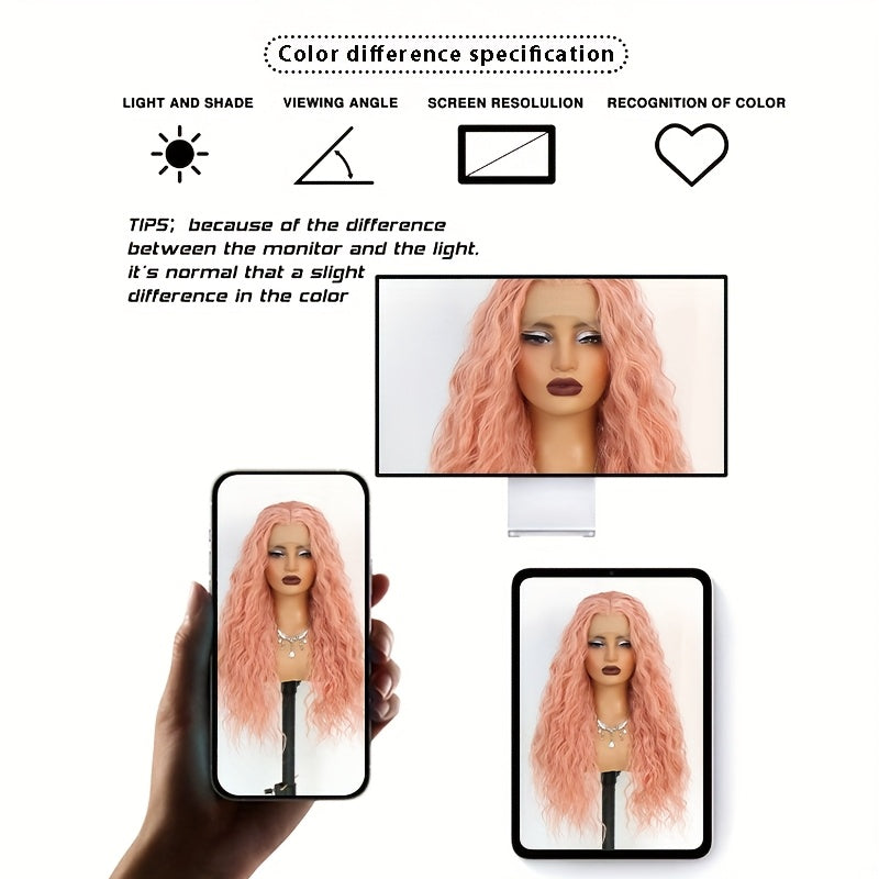 13x4 Pink Wigs Deep Wave Curly Wave Lace Front Wigs HD Lace Glueless Lace Front Wig Pre Plucked Heat Resistant Fiber Wig For Fashion Women Girls Party Vacation Daily Used Valentine'S Day 28inch