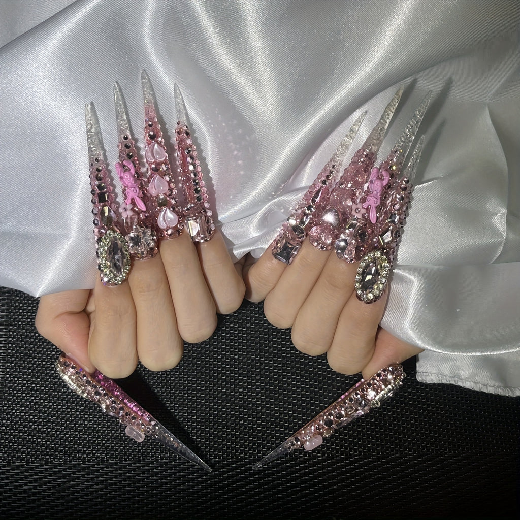 10pcs Handmade Magnetic Press-On Nails with Floating, Rhinestones & Heart/Clover/Bow/Pink Bow & Rabbit Cutouts