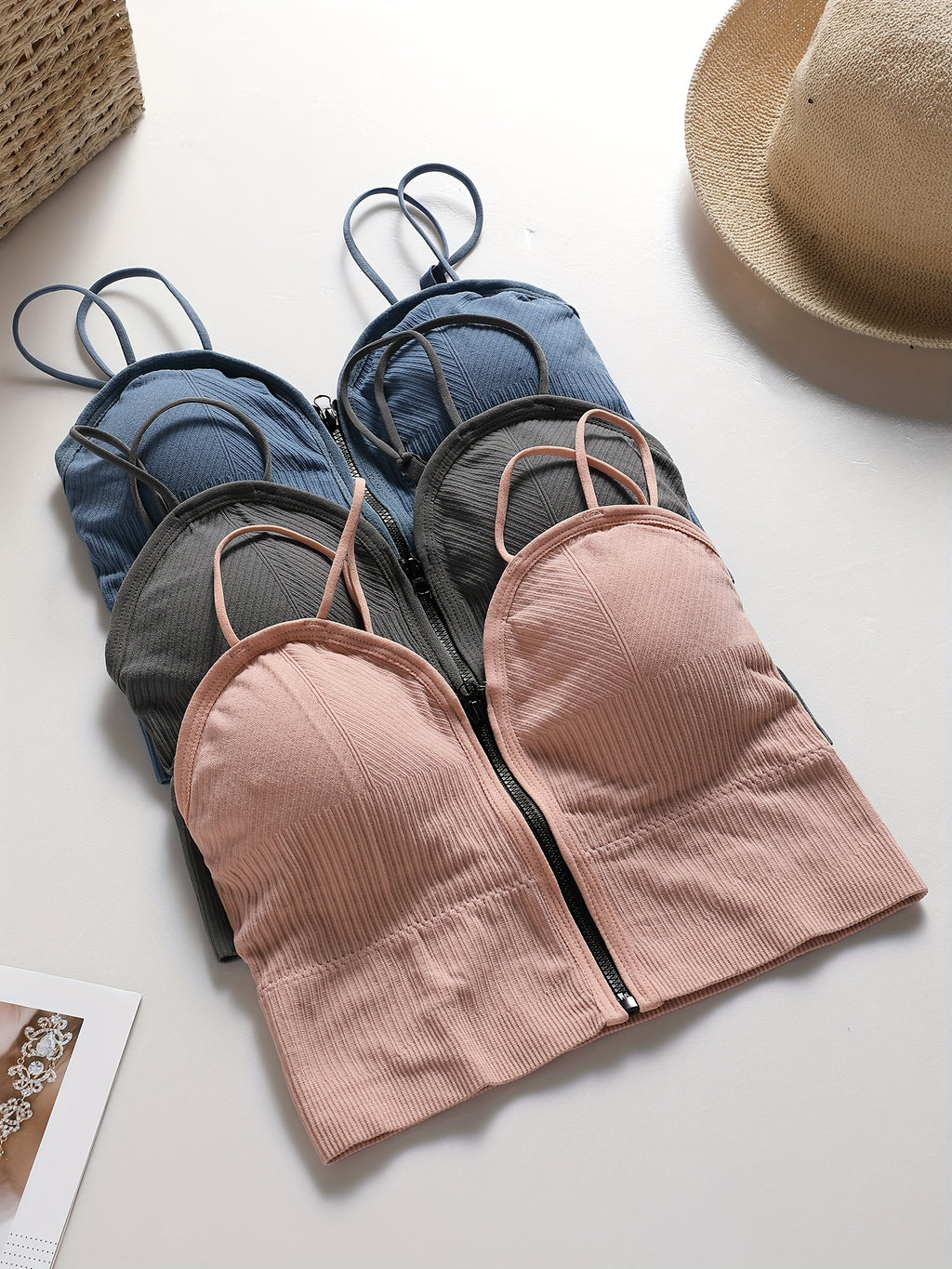 {3pcs} Basic Front-Zip Round Cup Casual Cami Tank Tops