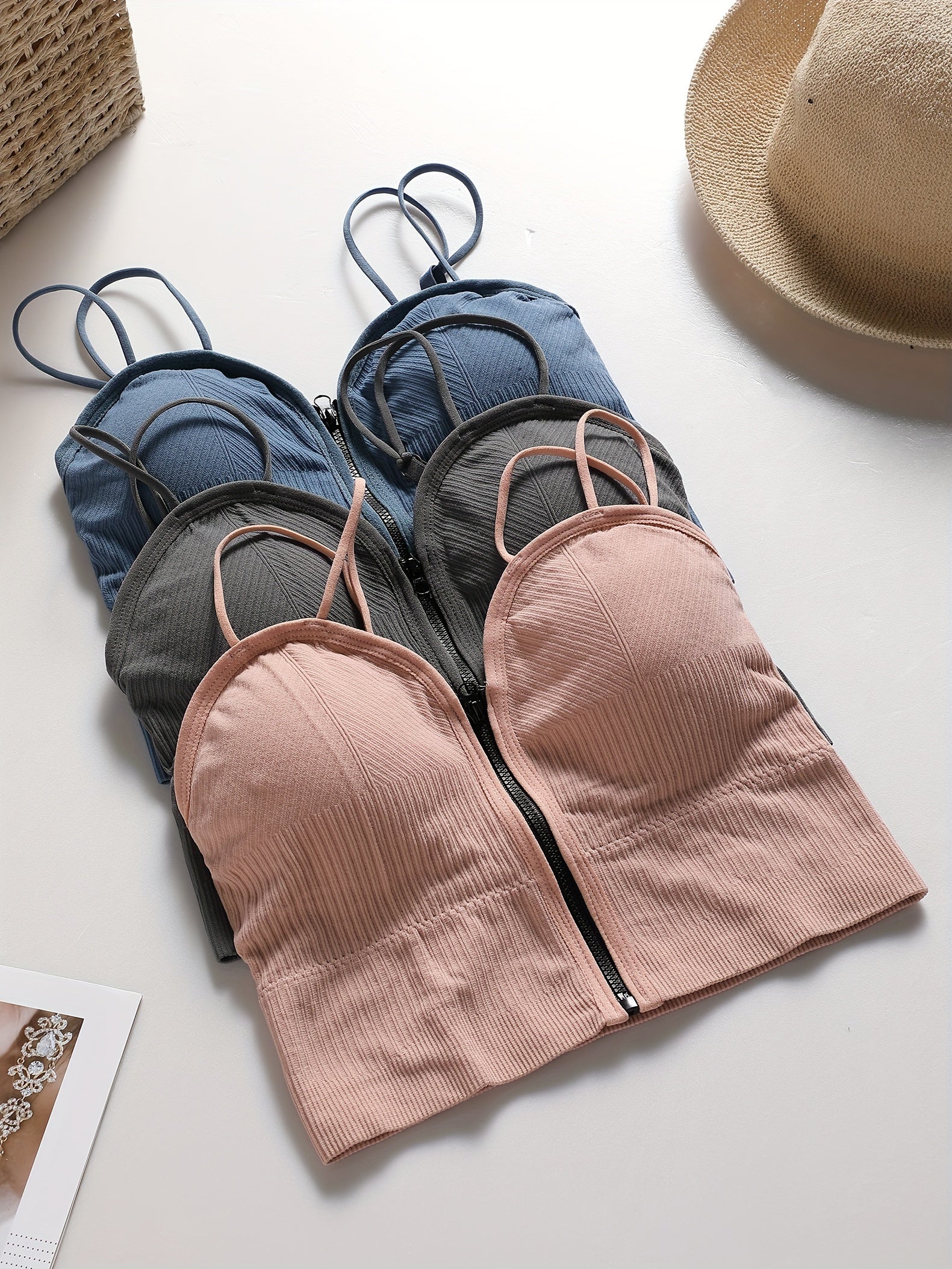 {3pcs} Basic Front-Zip Round Cup Casual Cami Tank Tops