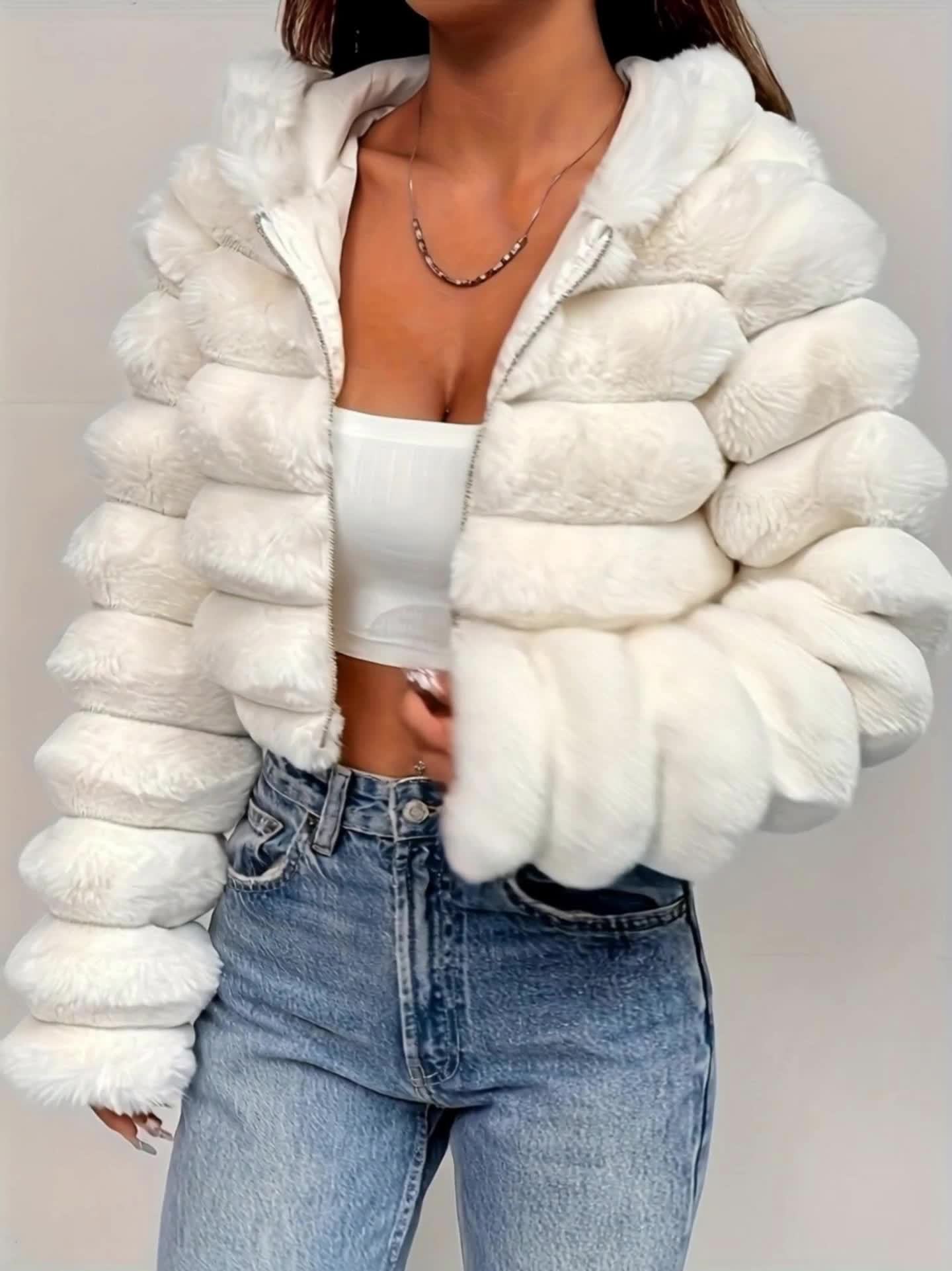 Women'S Elegant White Faux Fur Hooded Jacket - Zip-Up Mid-Length Winter Coat with Puffy Sleeves, Perfect for Fall & Winter, Stylish Layering Piece, Winter Coat
