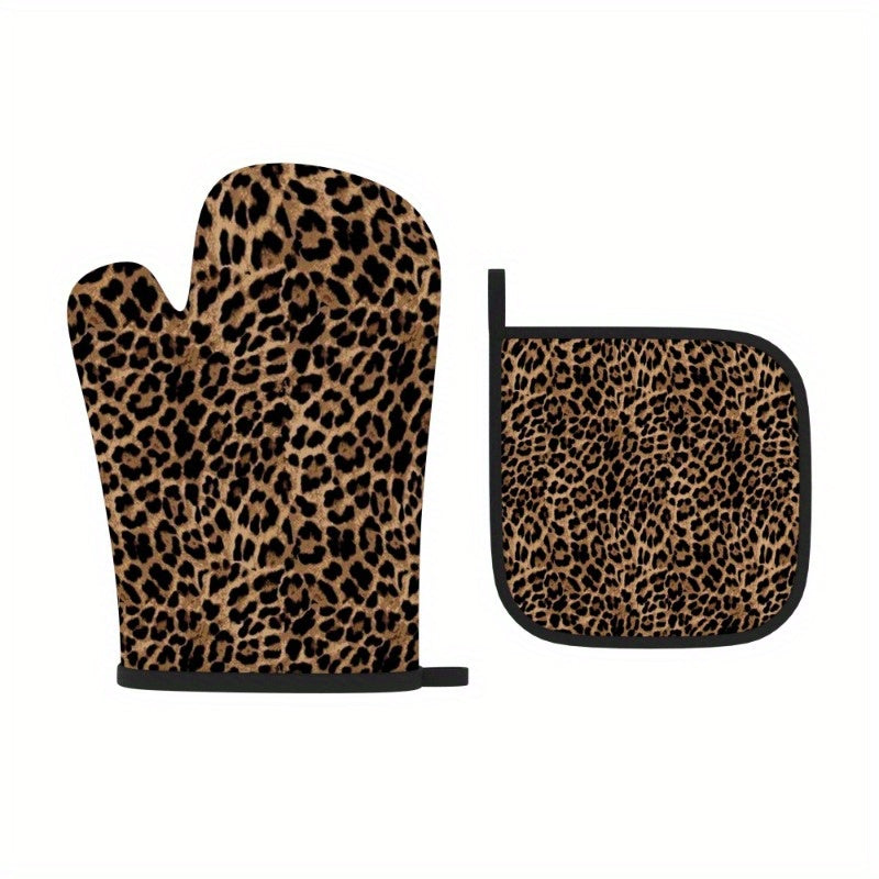 {2pcs} Heat-Resistant Oven Mitts & Pot Holders - Leopard Print Kitchen Gloves