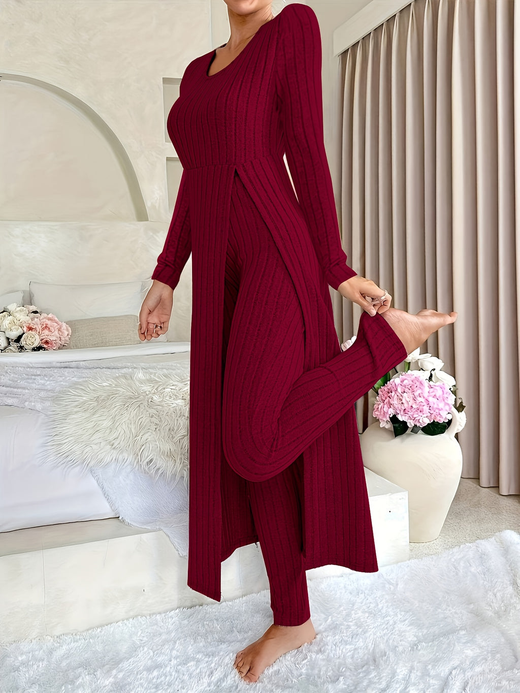 Two-piece Set of Ribbed Long-sleeved Top and Pants