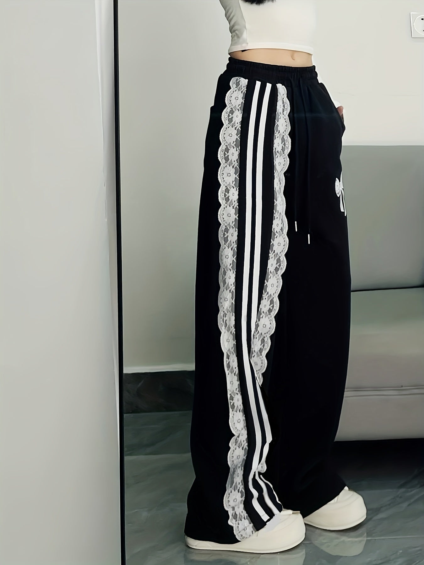 Wide-Leg Pants with Contrast Lace Trim & Pockets