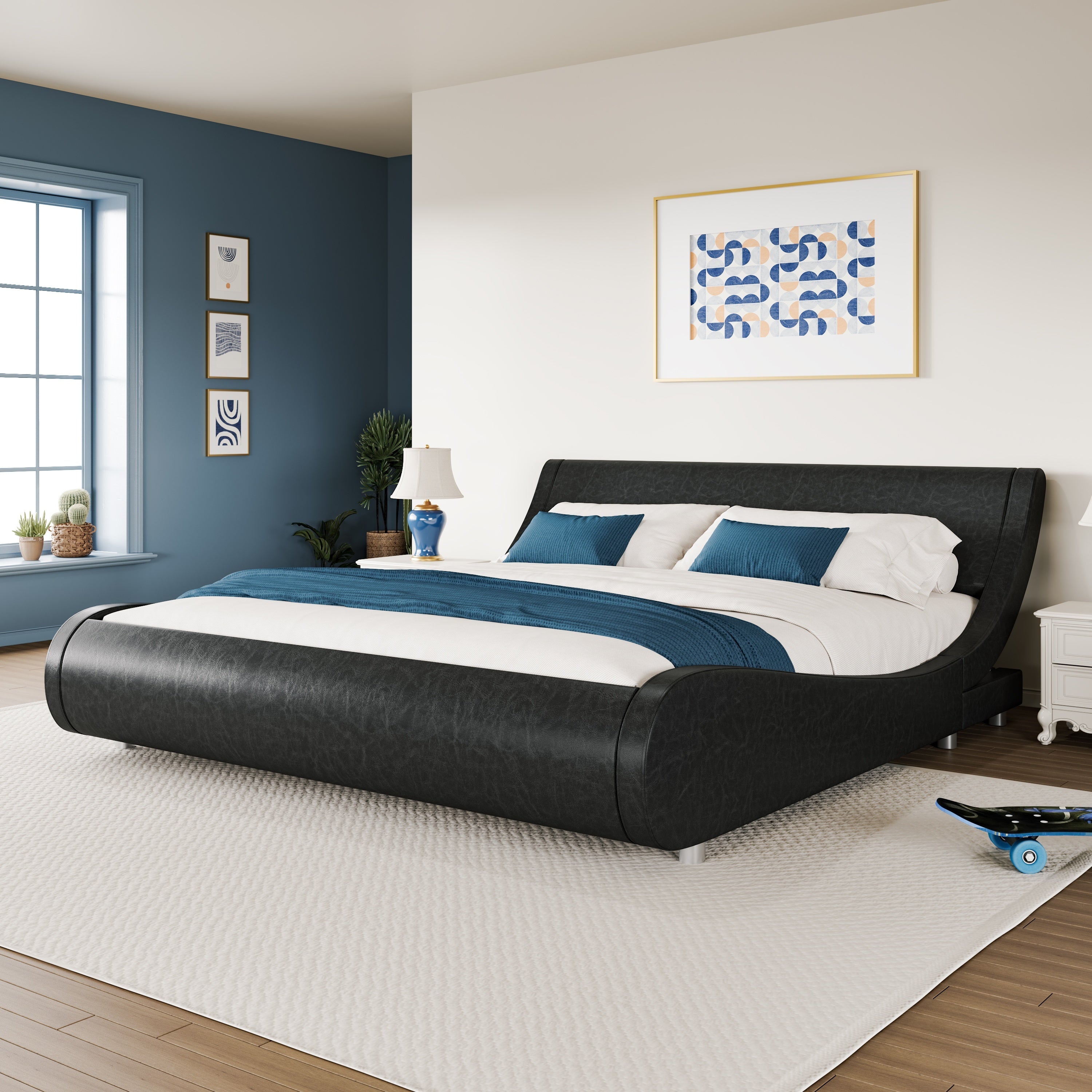 WEEWAY Modern Upholstered Platform Bed Frame, Faux Leather Sleigh Bed With Adjustable Headboard, Strong Wood Slats Support, No Box Spring Needed