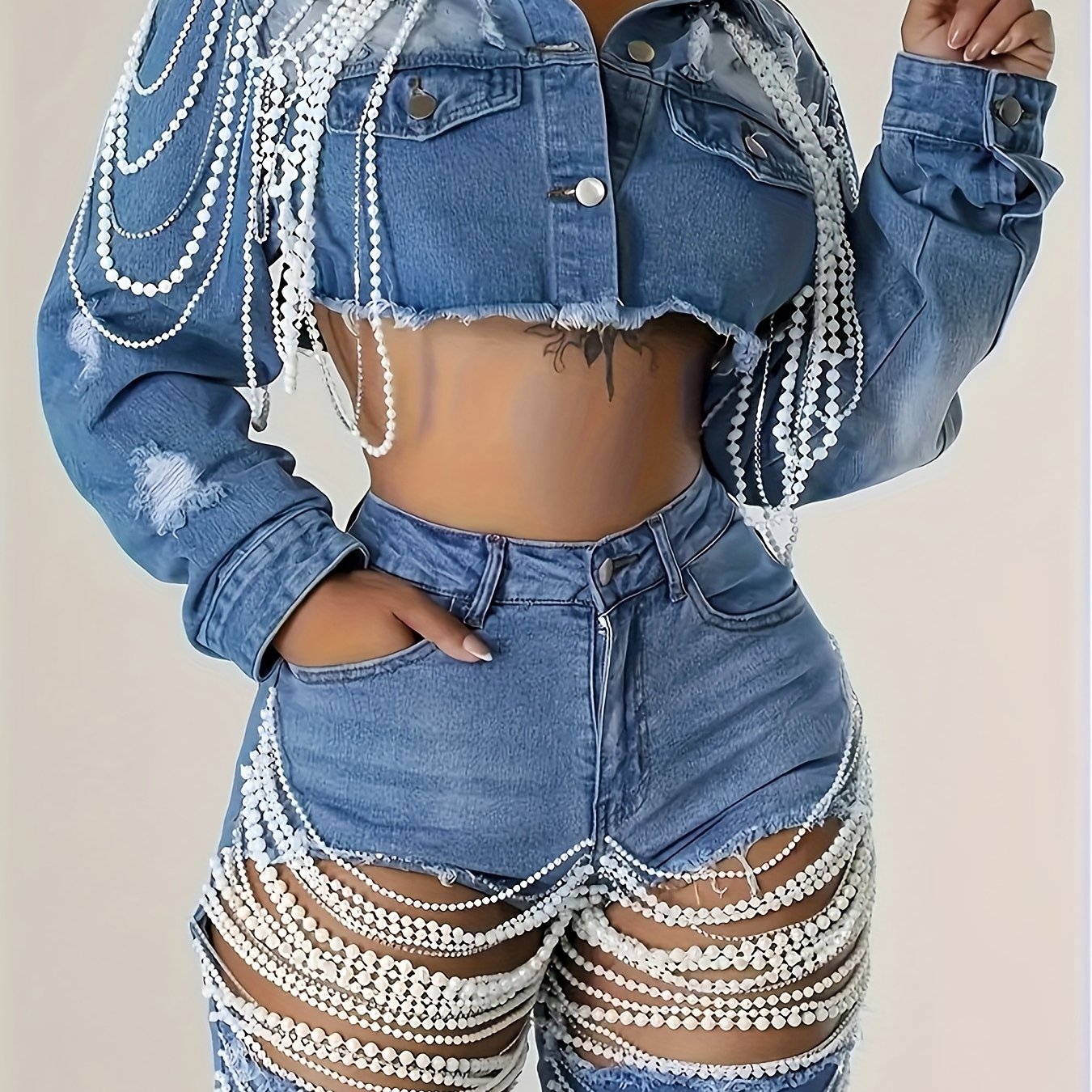 Light Blue Denim Jacket with Pearl Chains