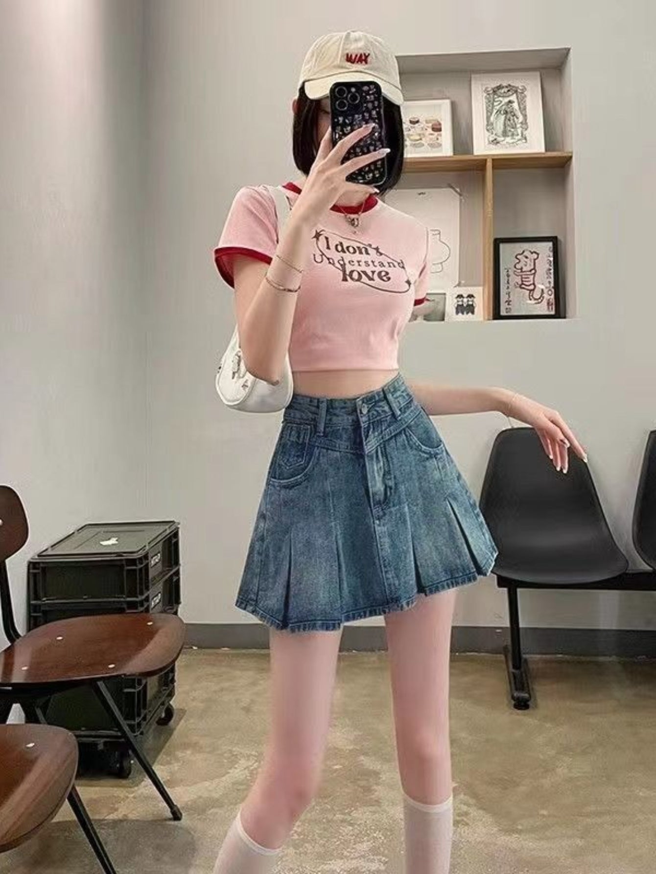 Ruffle Pocket Denim Pleated Mini Skirt