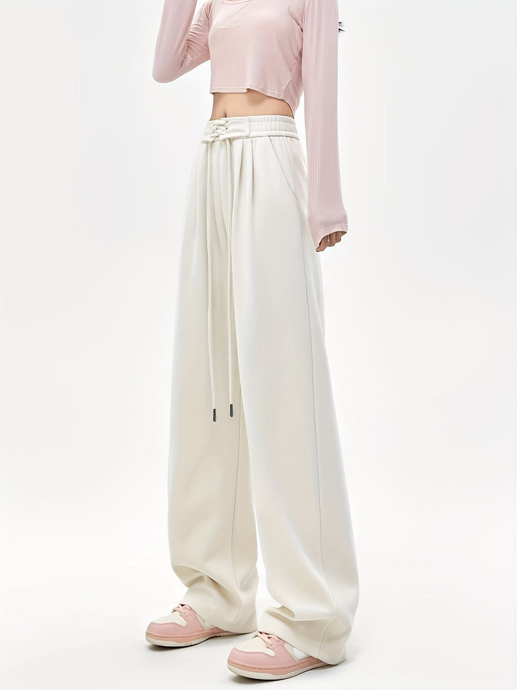 High-Waisted Drawstring Straight-Leg Pants