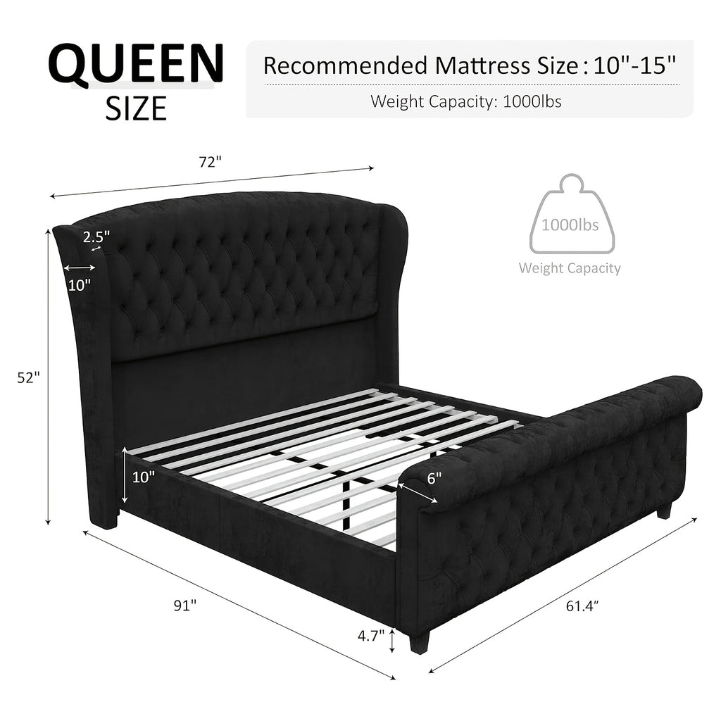 Queen Size Chenille Upholstered Platform Bed Frame with Scroll Wingback Headboard and Footboard