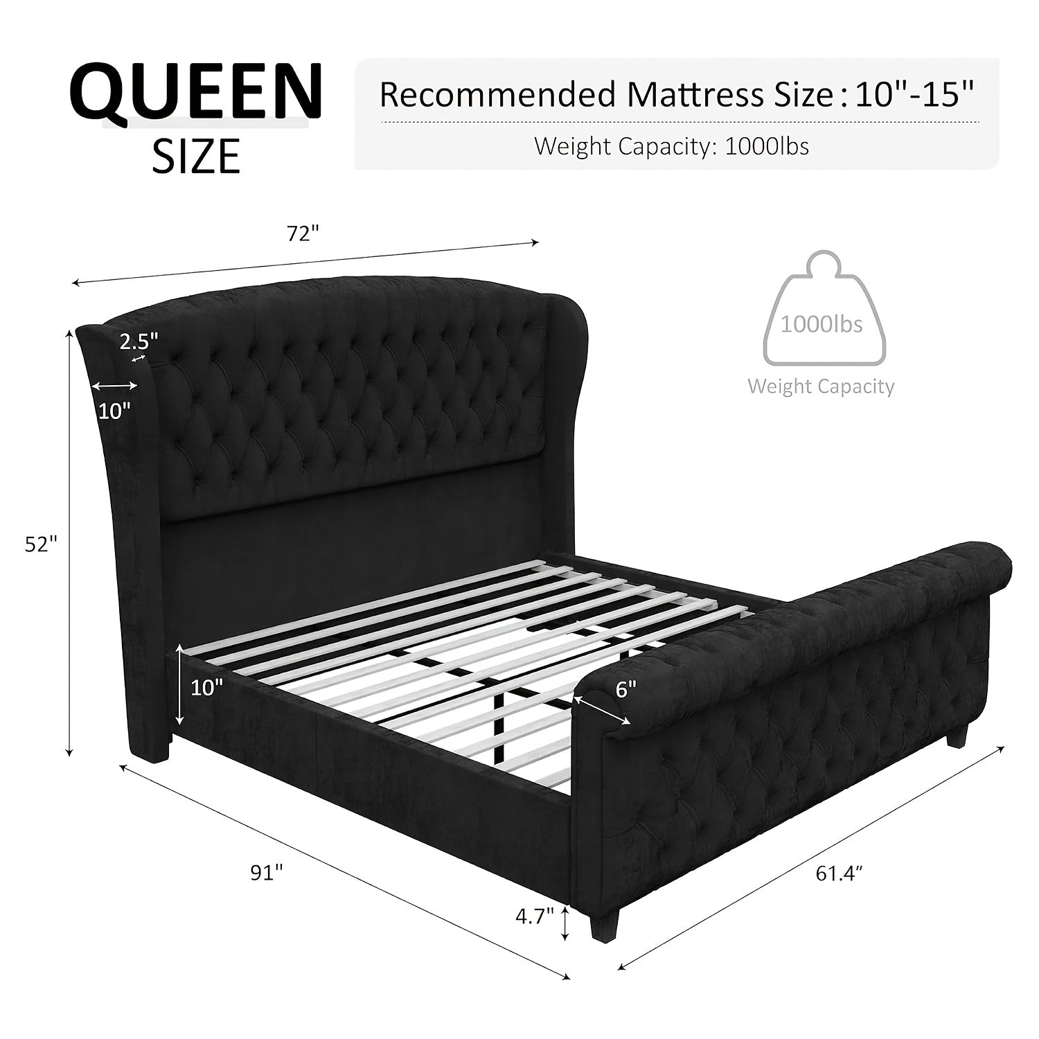 Queen Size Chenille Upholstered Platform Bed Frame with Scroll Wingback Headboard and Footboard