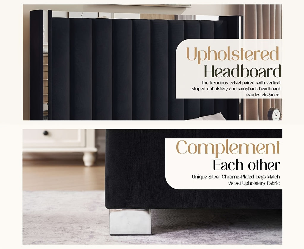 Modern Velvet Platform Bed with Channel Tufted Wingback Headboard