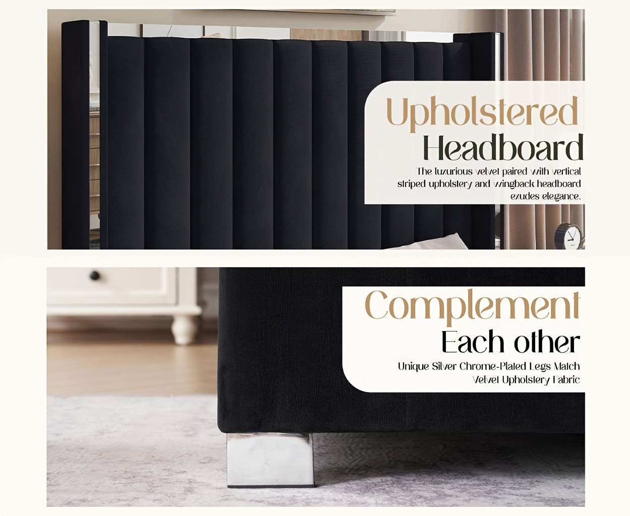 Modern Velvet Platform Bed with Channel Tufted Wingback Headboard