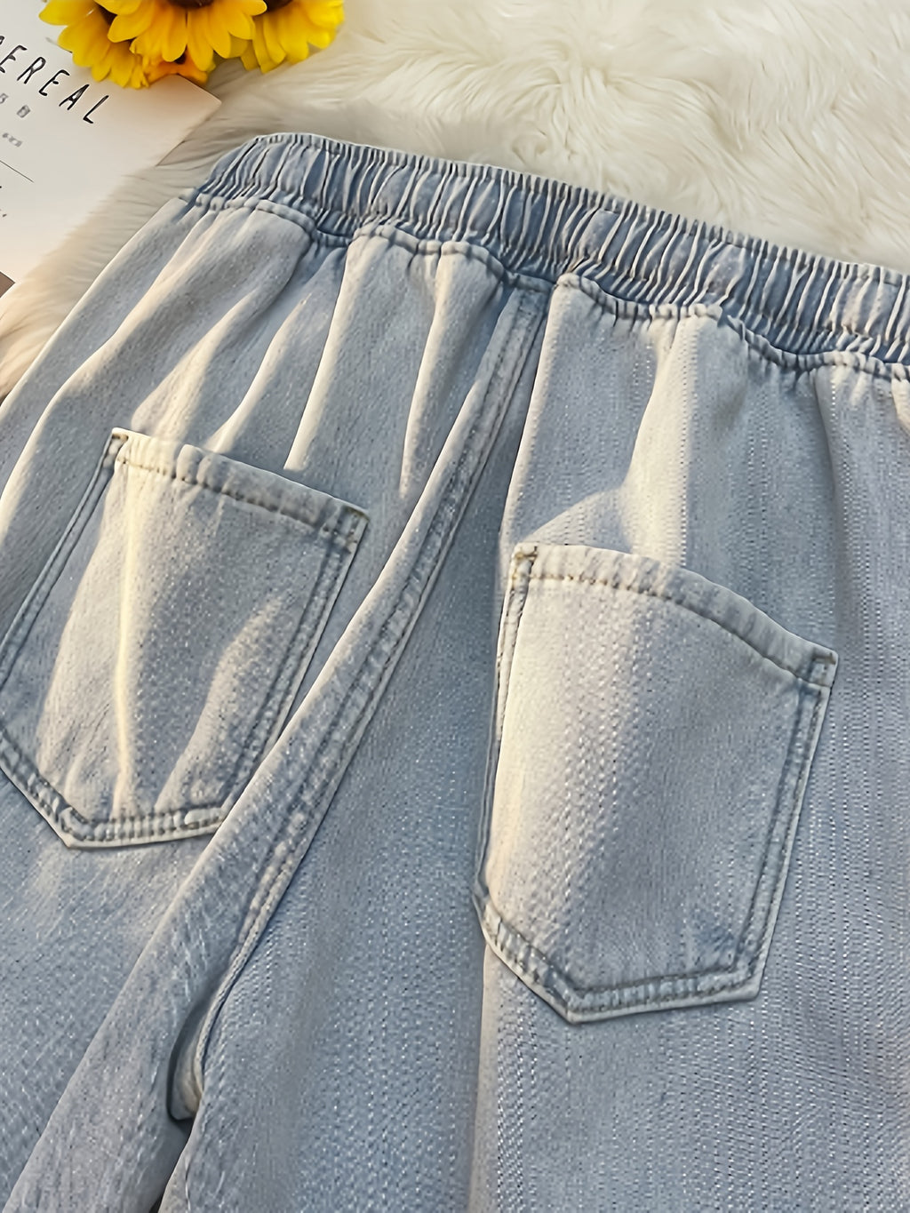 Fleece-Lined Heat-Retaining Slimming Elastic Waist Drawstring Light Blue Jeans