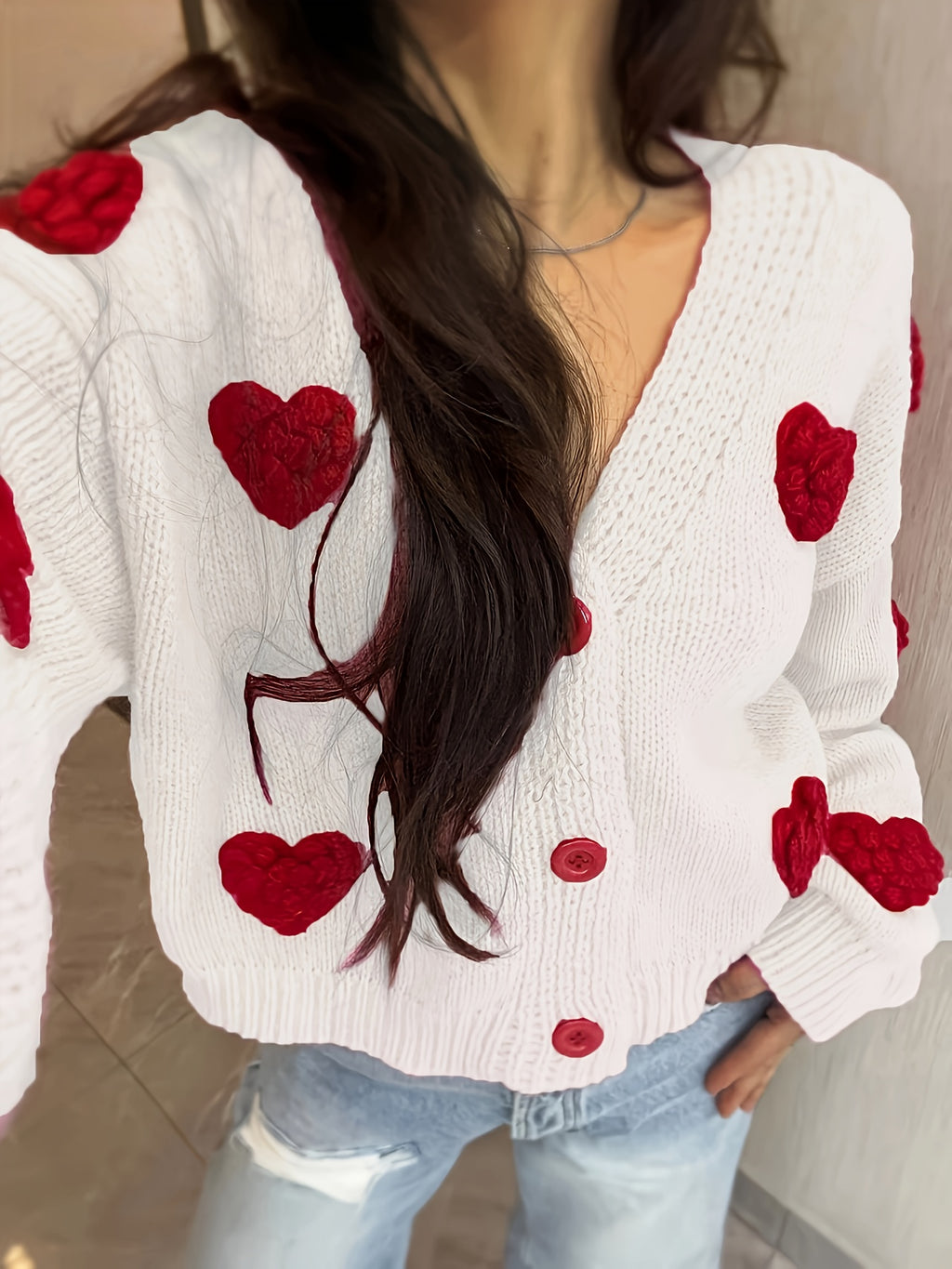 Chic Handmade Heart Pattern V-Neck Cardigan