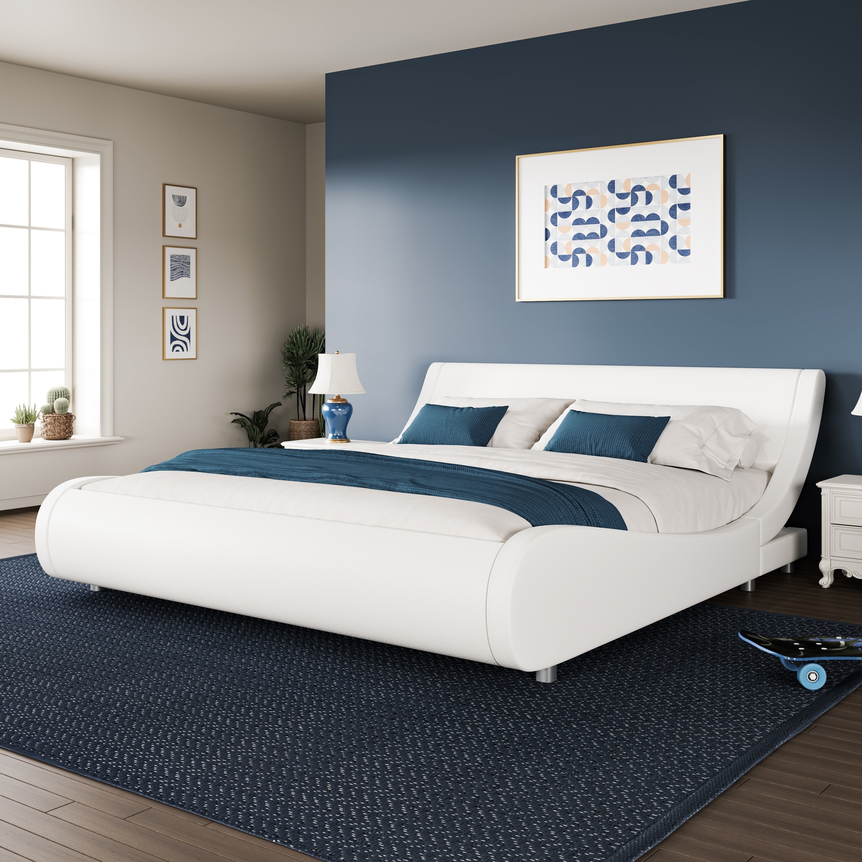 WEEWAY Modern Upholstered Platform Bed Frame, Faux Leather Sleigh Bed With Adjustable Headboard, Strong Wood Slats Support, No Box Spring Needed