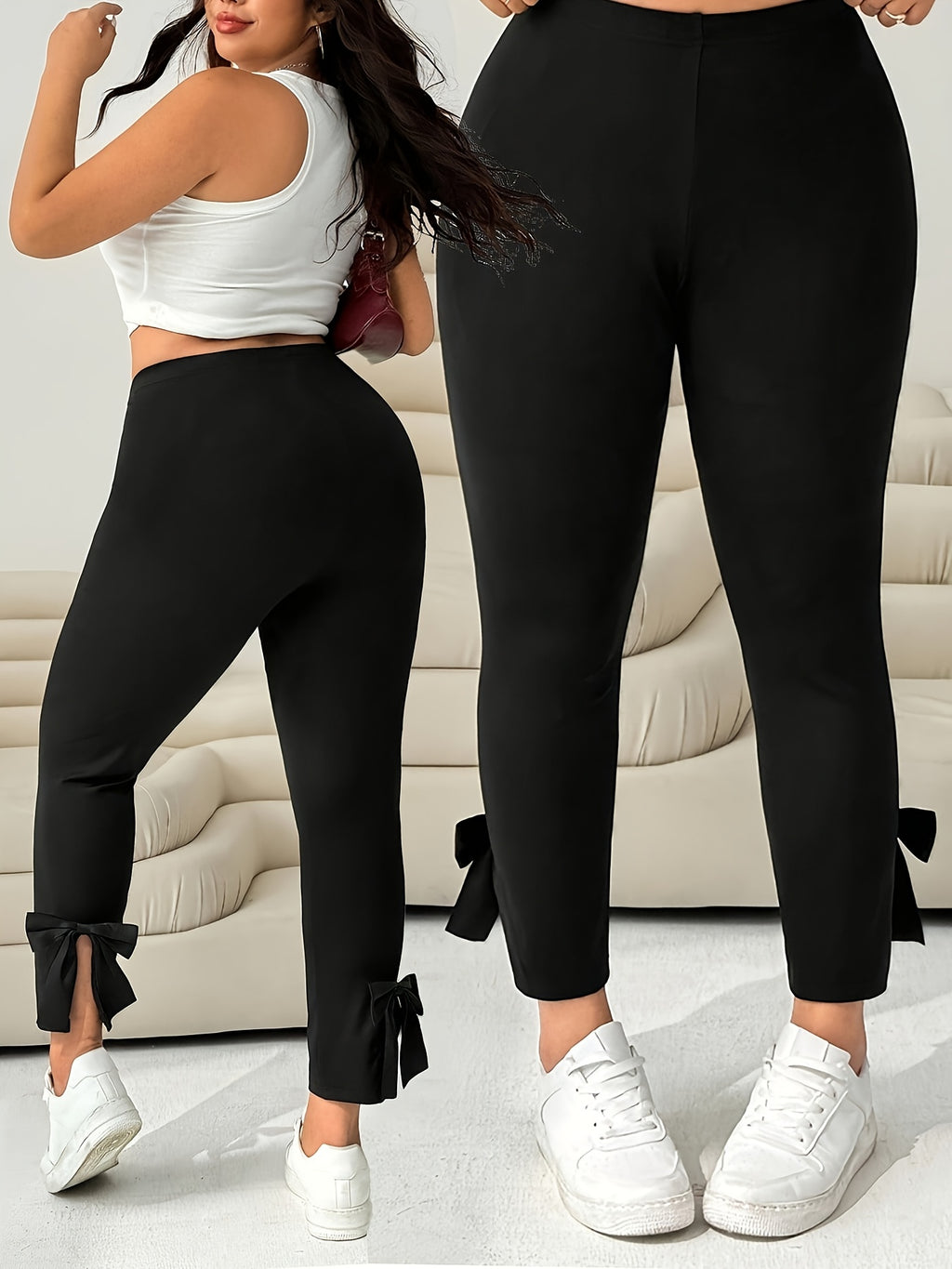 Black Leggings with Back Slit & Bow Detail
