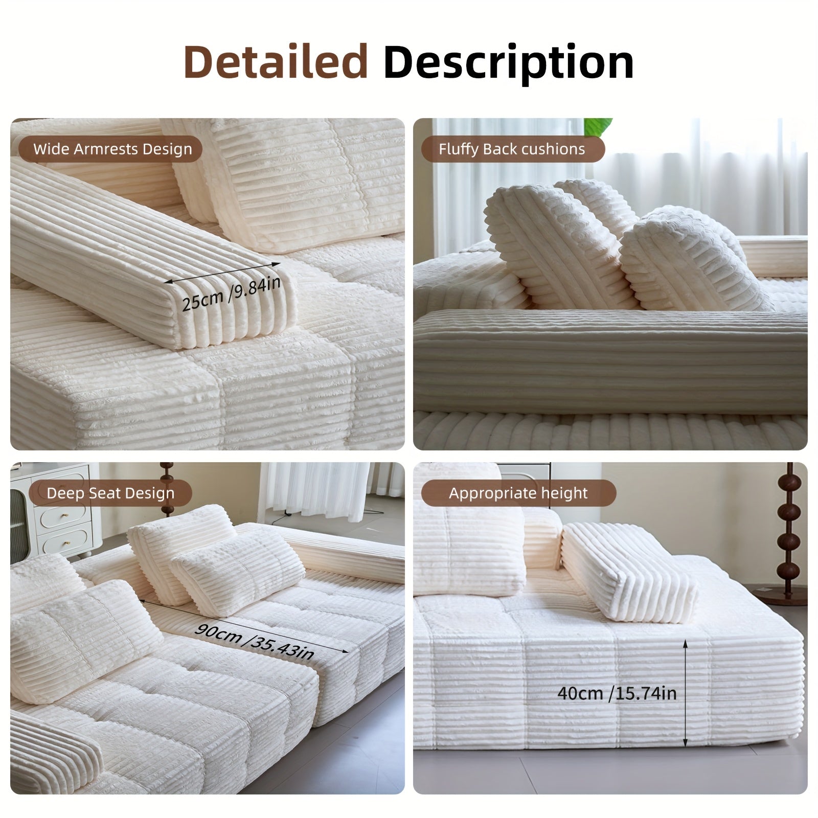 110.24-inch Modular Combination Sofa, U-shaped Living Room Sofa, Striped Fabric Four-seater Soft Cushion Sofa for Living Room And Bedroom (corduroy), No Need to Disassemble (black, Gray)