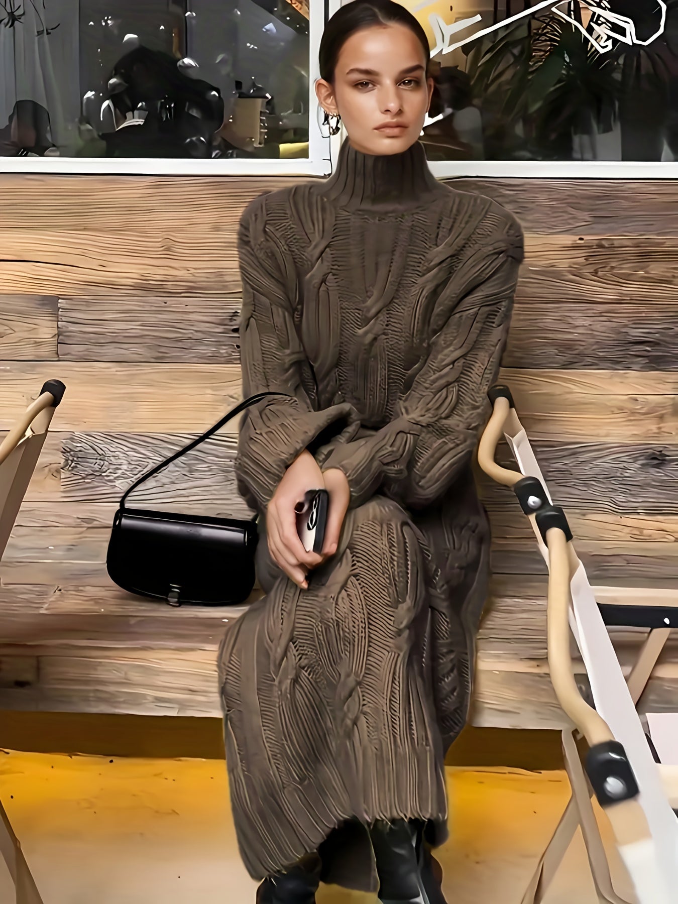 Vintage Drawstring High Neck Long Sleeve Fabric Dress