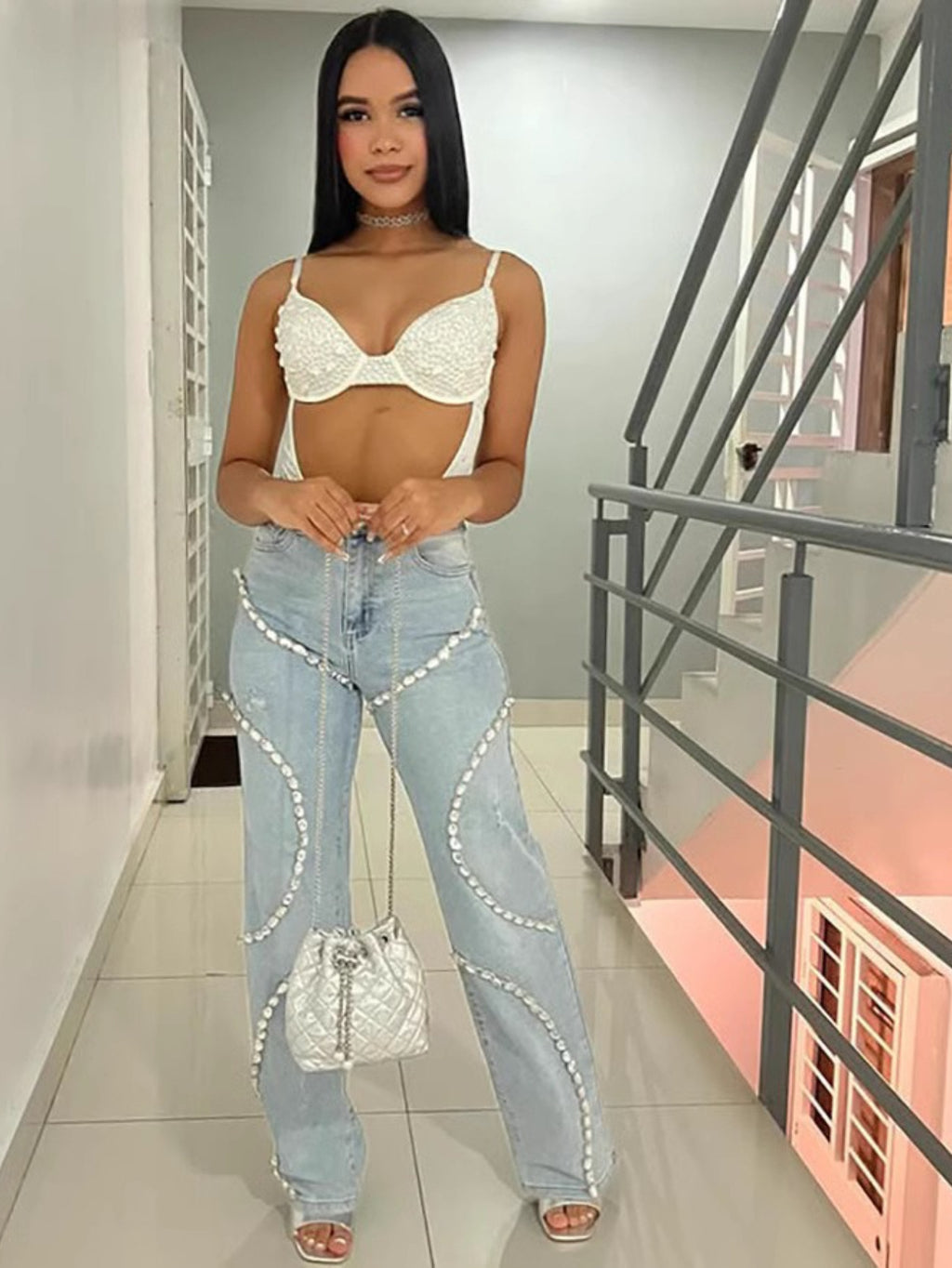 Rhinestone-Embellished Straight-Leg Jeans