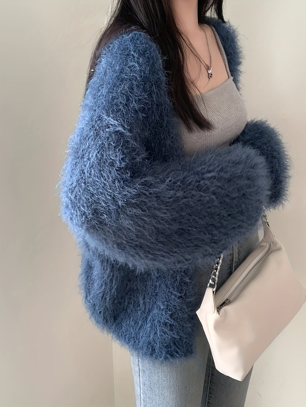 Women's Cozy V-Neck Sweater Coat Imitation Mink Cardigan - Loose Fit Long Sleeve Medium Stretch Fall Winter Casual Outerwear, Cute Sweater, Seasonal Wardrobe, Relaxed Silhouette, Soft Fabric, Casual Attire