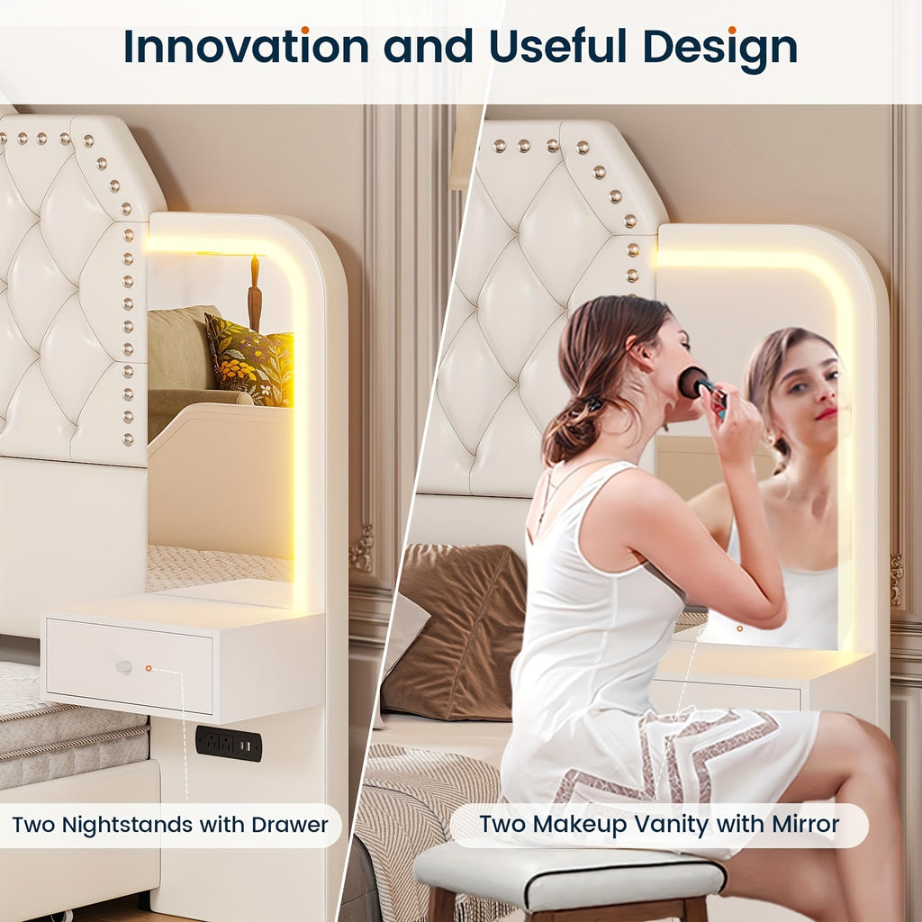 Queen Size Bed Frame with 4 Storage Drawers and LED Lights