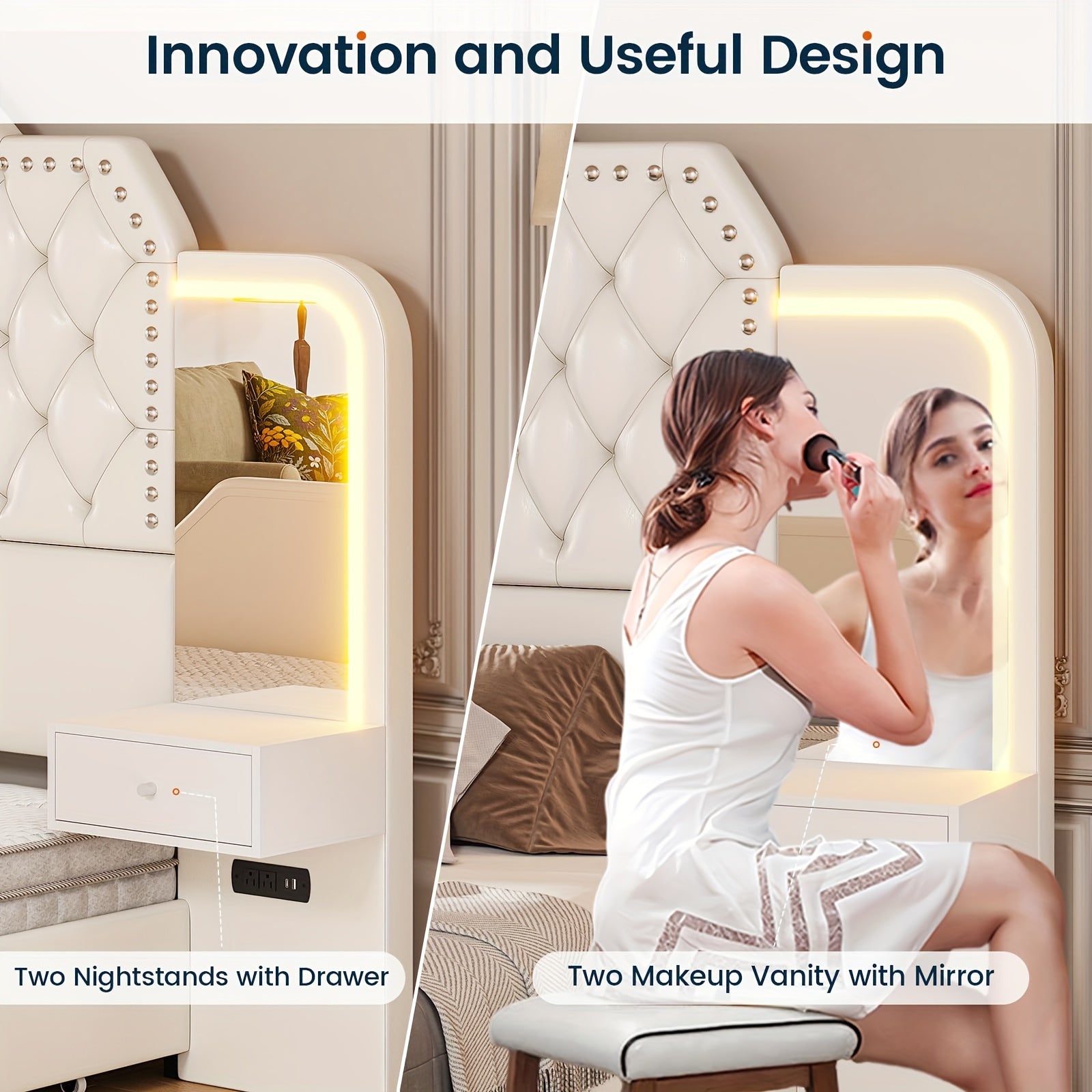 Queen Size Bed Frame with 4 Storage Drawers and LED Lights