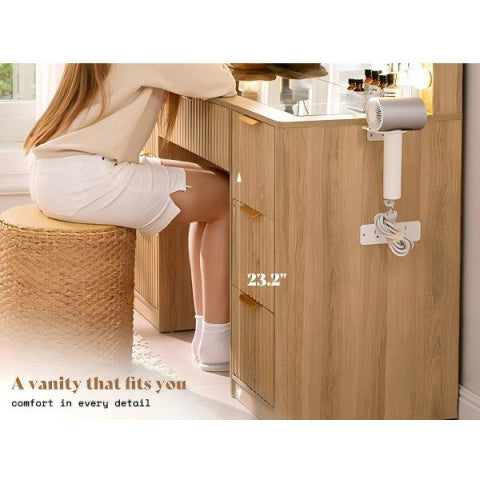 Fluted Vanity Desk With Large Mirror