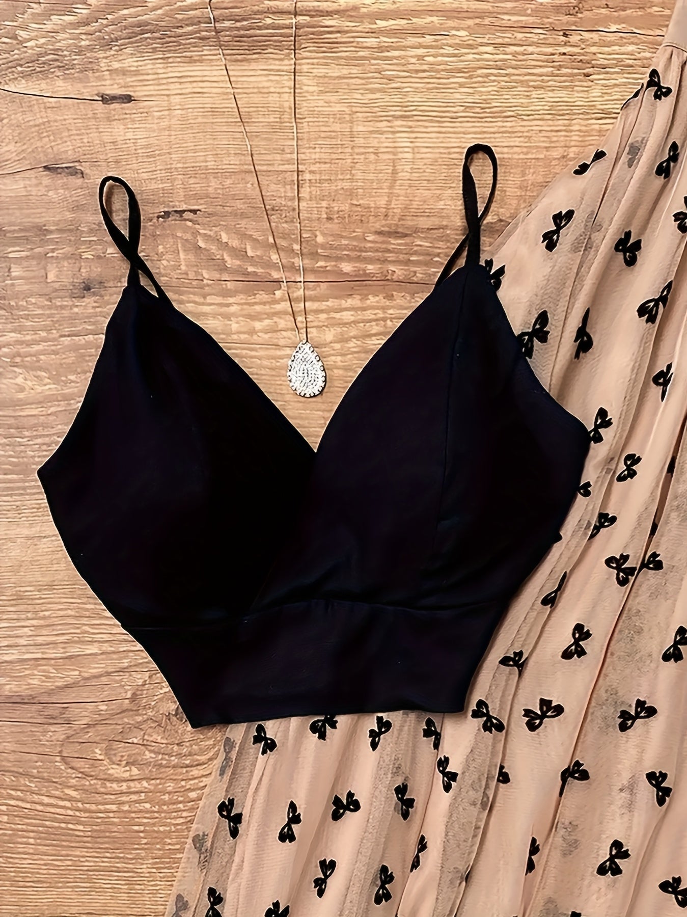 Elegant Off-Shoulder Black Spaghetti Strap Khaki Bow Skirt Set