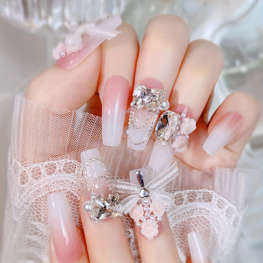 [24pcs} Spring and Summer Pink Gradient Flower Lace Bow Medium Ballet Shaped Nails