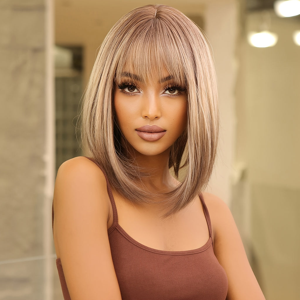 Elegant 14 inch Gray Ombre Brown Bob Wig