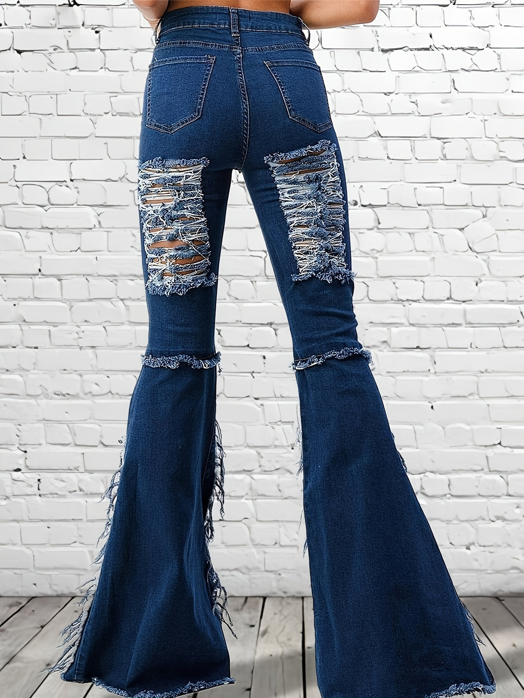 High-Waisted Fringed Ripped Jeans with Irregular Edges & Slim Fit Flared Bell-Bottoms