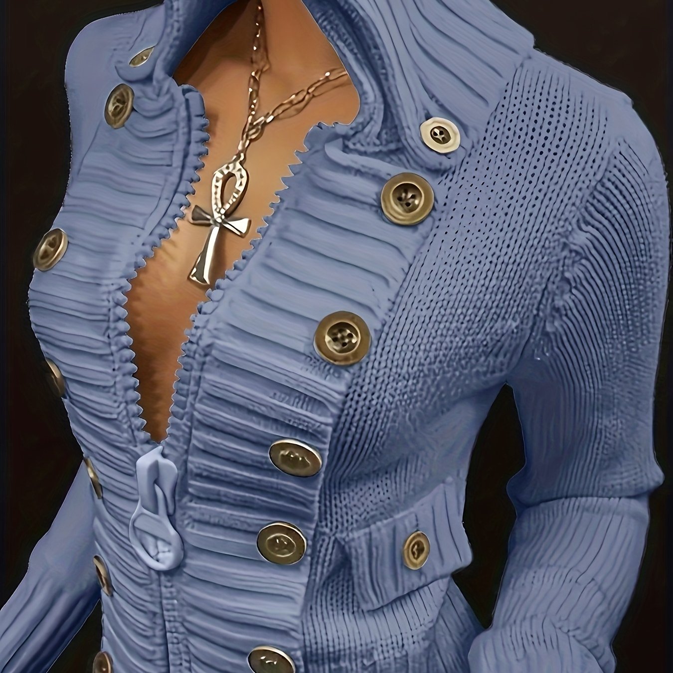 Women's Black Cardigan - Slim-Fit Sweater with Front Zipper & Golden Buttons, Elegant Stand-Up Collar for Formal/Casual Outfits - All-Season Chic Jacket, Versatile Layering, Modern Knitwear, Premium Finish, Fashionforward Wom