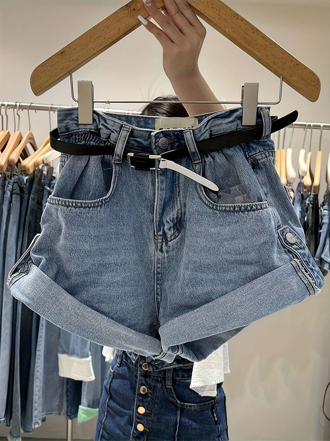 High Waisted Rolled Hem Straight Leg Wide Denim Shorts