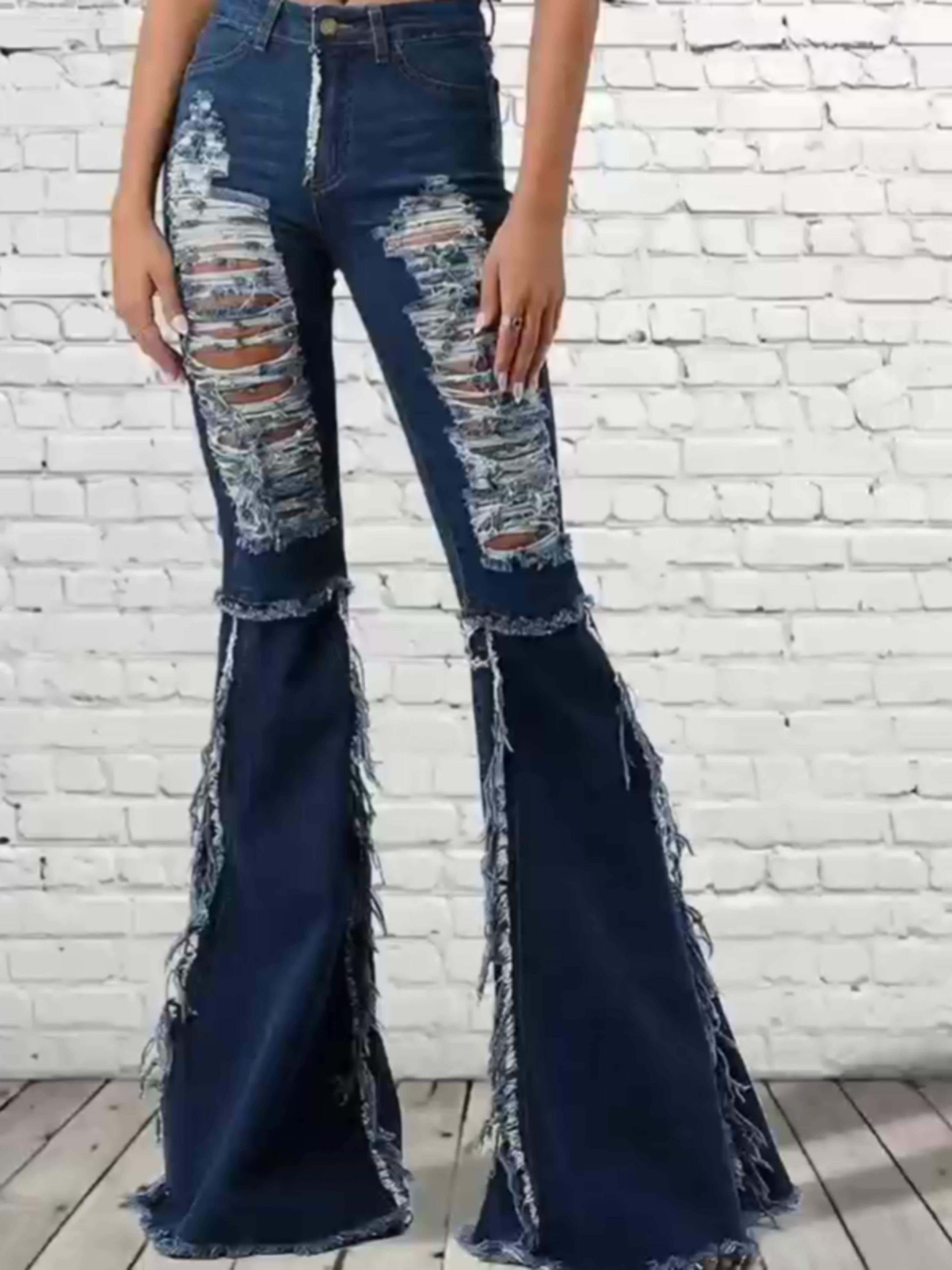 High-Waisted Fringed Ripped Jeans with Irregular Edges & Slim Fit Flared Bell-Bottoms