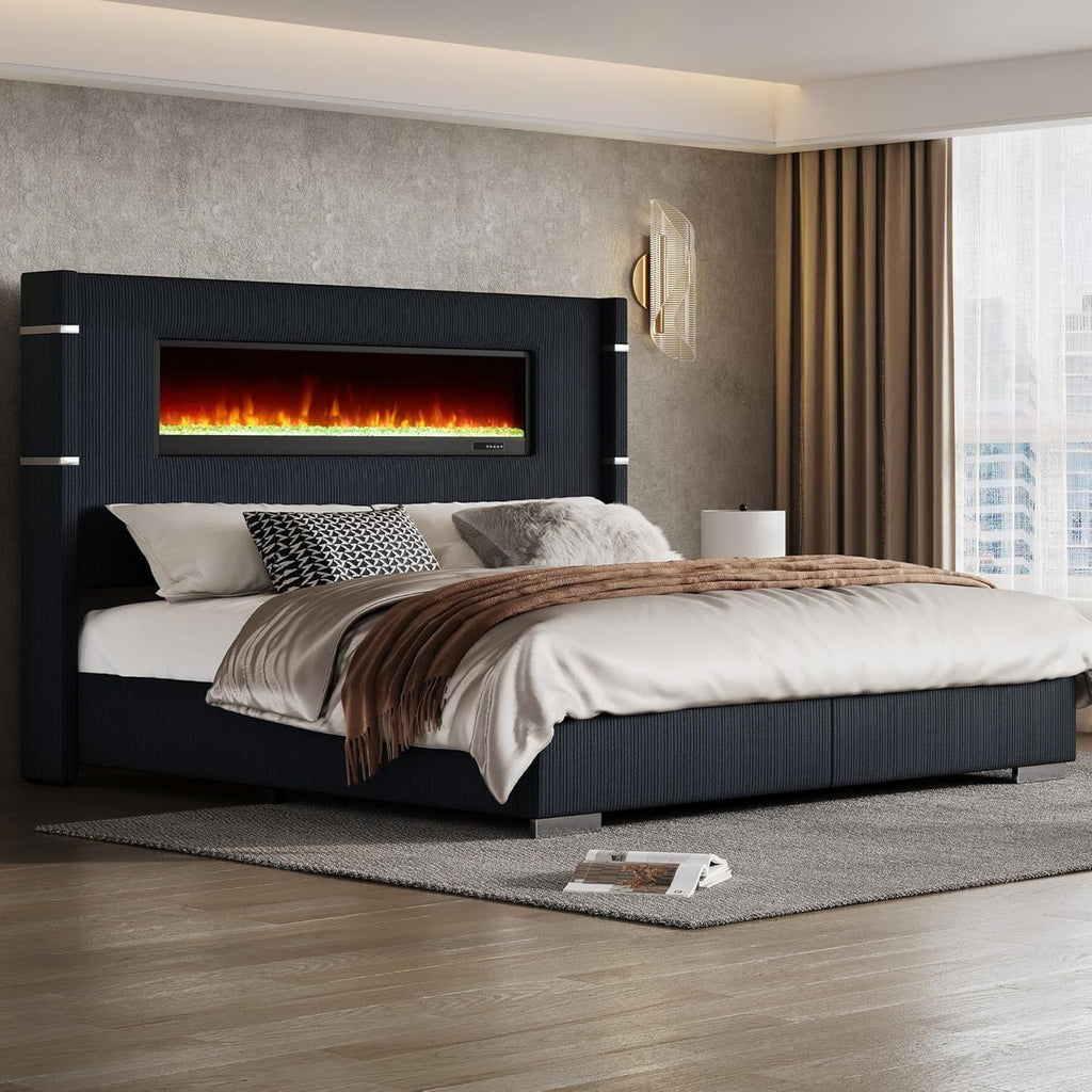 Contemporary Wingback Bed Frame with Integrated Fireplace