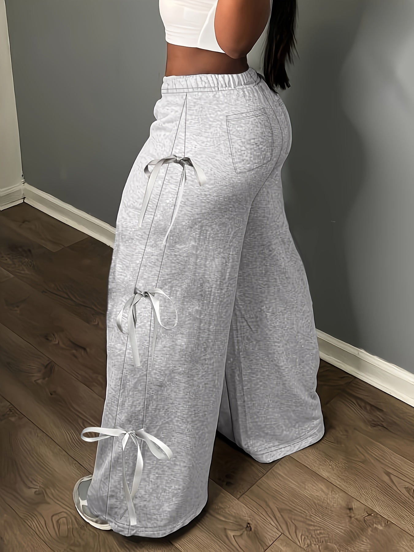 Elegant Side Bow Tie Straps & Back Pockets Stretchy Loose Straight Leg Pants