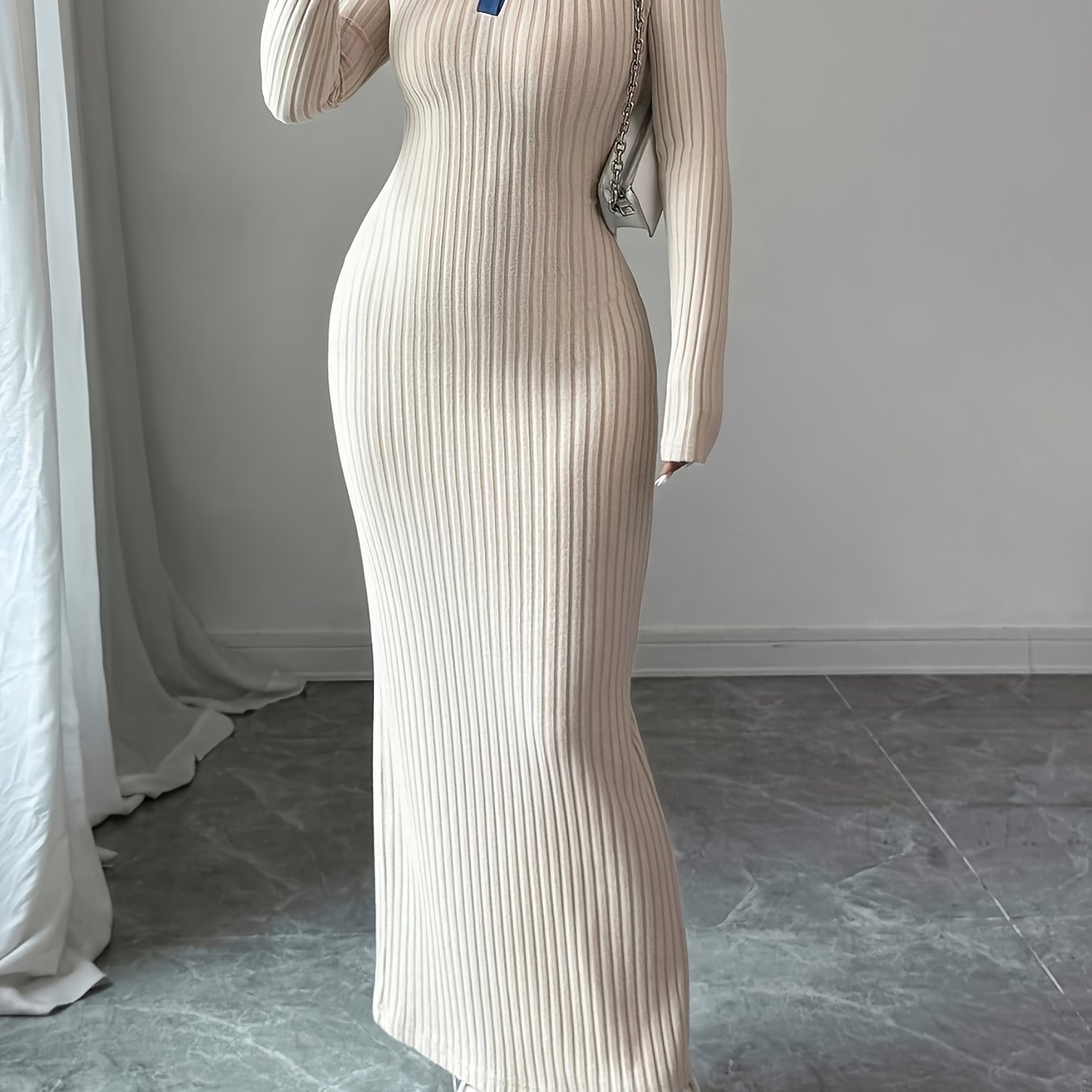 Long Sleeve Slim-Fit Autumn/Winter Dress with Contrast Stripe and Collar Button Design