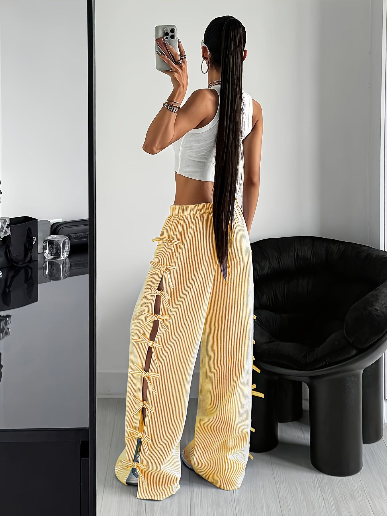 Pink & White Horizontal Striped Wide-Leg Bell-Bottom Pants with Ruffled Hem & Bow Tie Waist